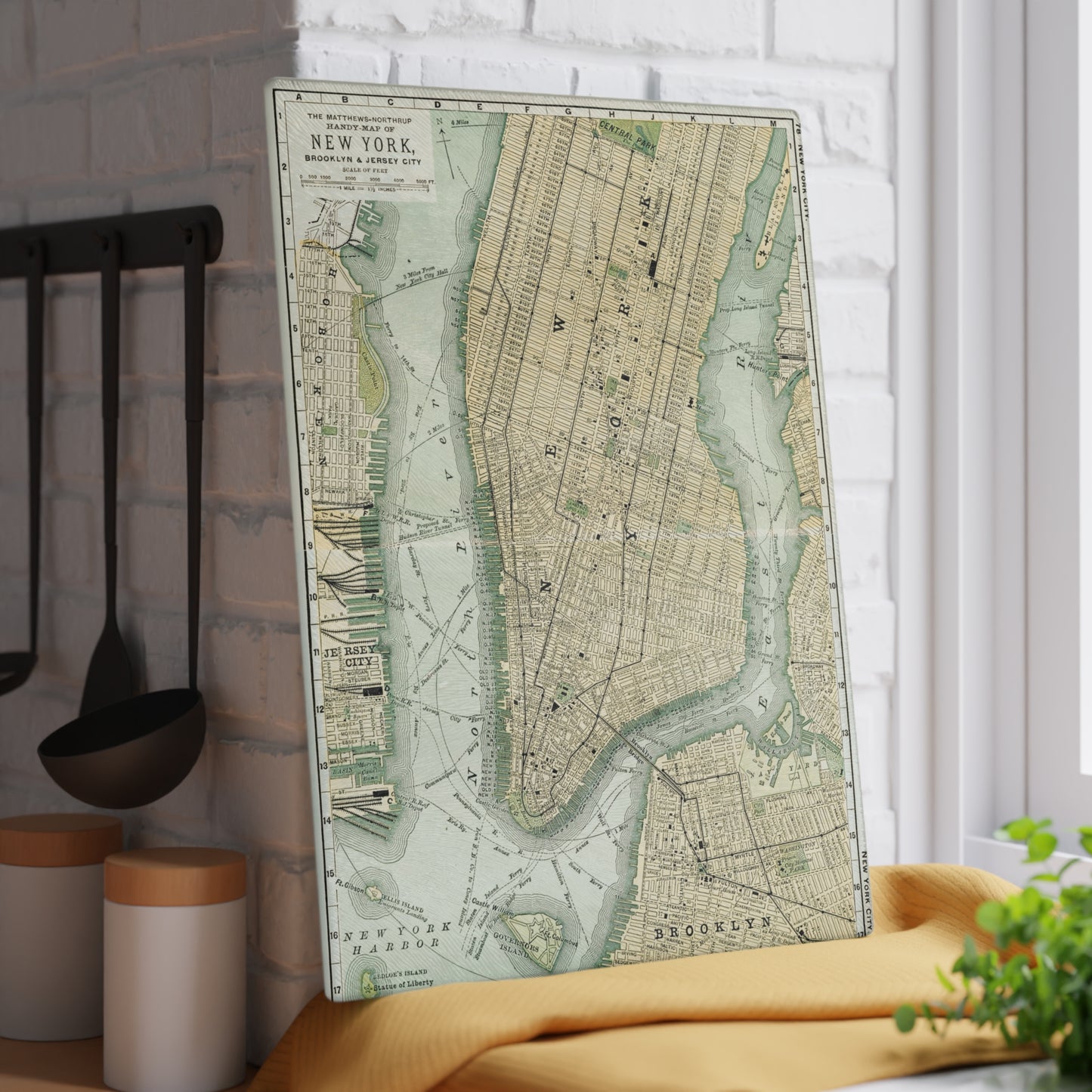 Vintage Map Glass Cutting Board — Antique New York City Map Kitchen Board