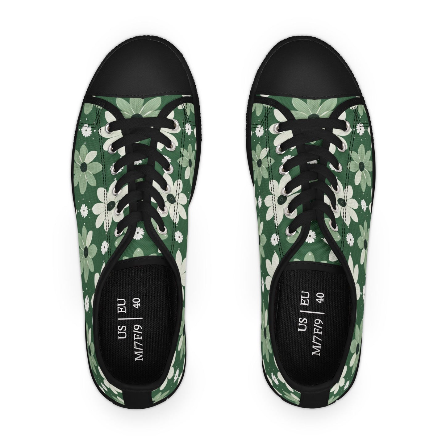 Floral Green Daisy Low Top Sneakers — Casual Garden Print Shoes