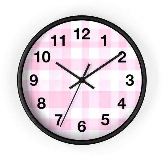 Pink Gingham Wall Clock — Cute Check Pattern Clock for Nursery & Kitchen