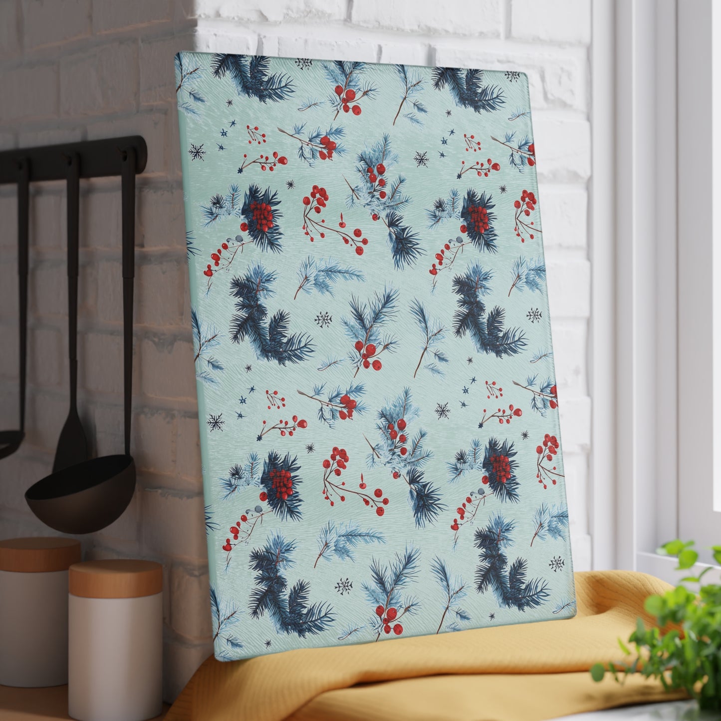Winter Berries Glass Cutting Board — Festive Pine & Holly Kitchen Cutting Board