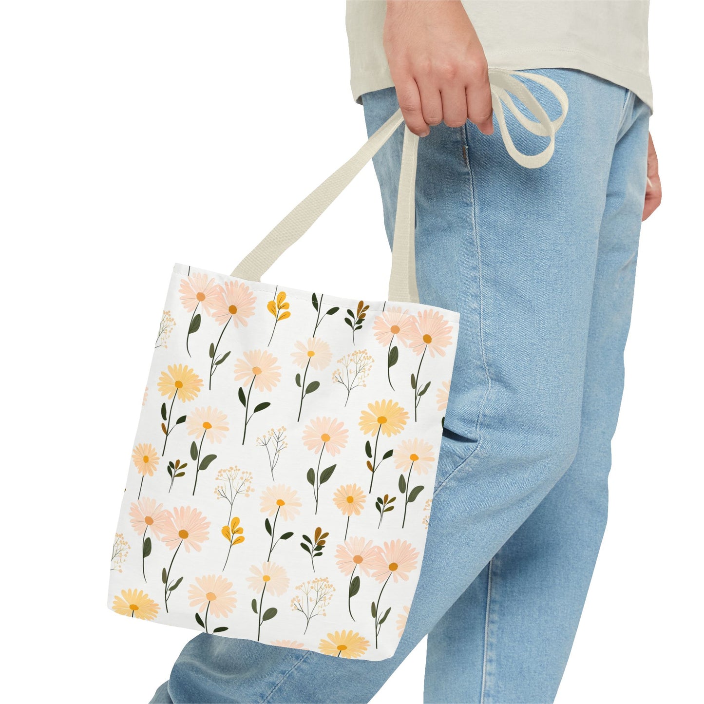 Floral Daisy Pattern Tote Bag — Pastel Spring Flowers All-Over Print