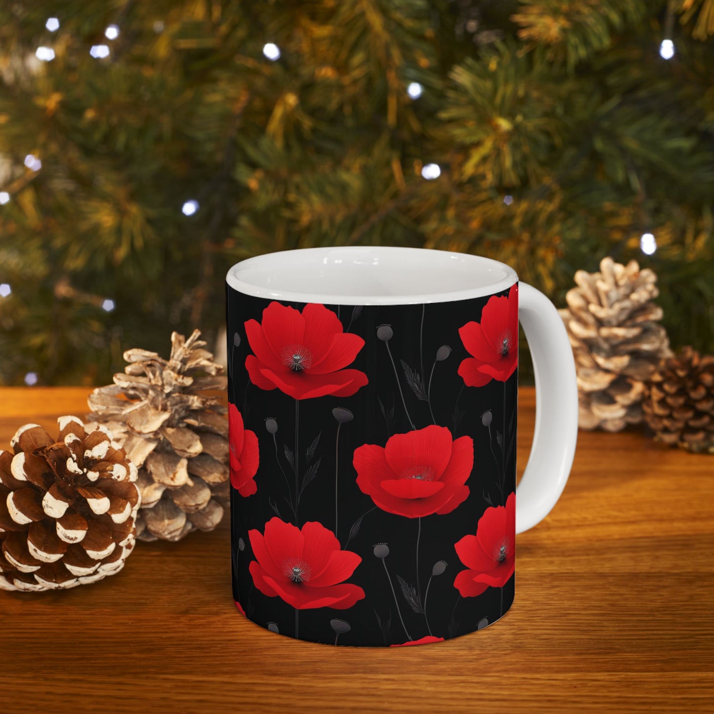Red Poppy Floral Mug — Black Background Ceramic Coffee Cup (11oz, 15oz)