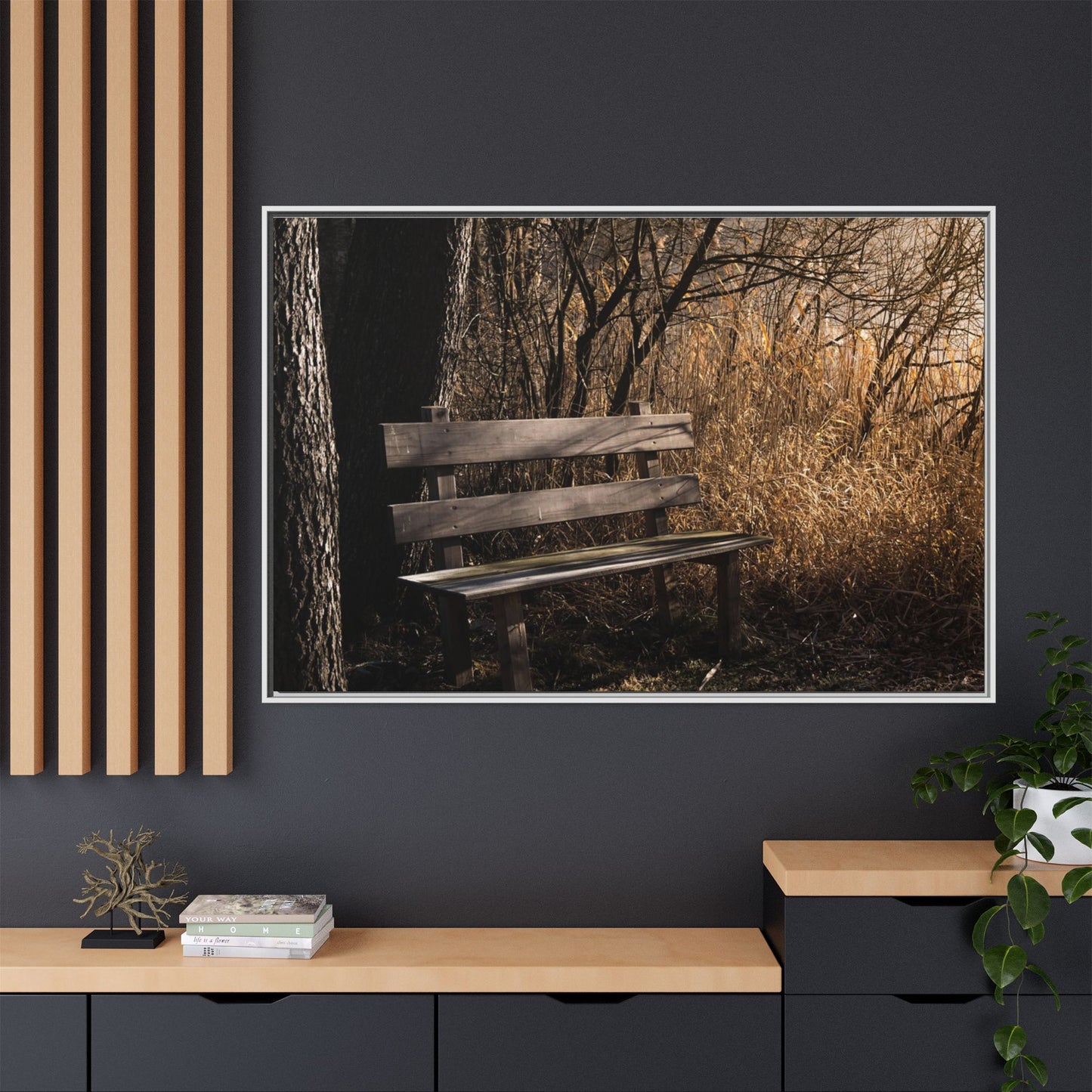Framed Matte Canvas Print — Autumn Park Bench Photography