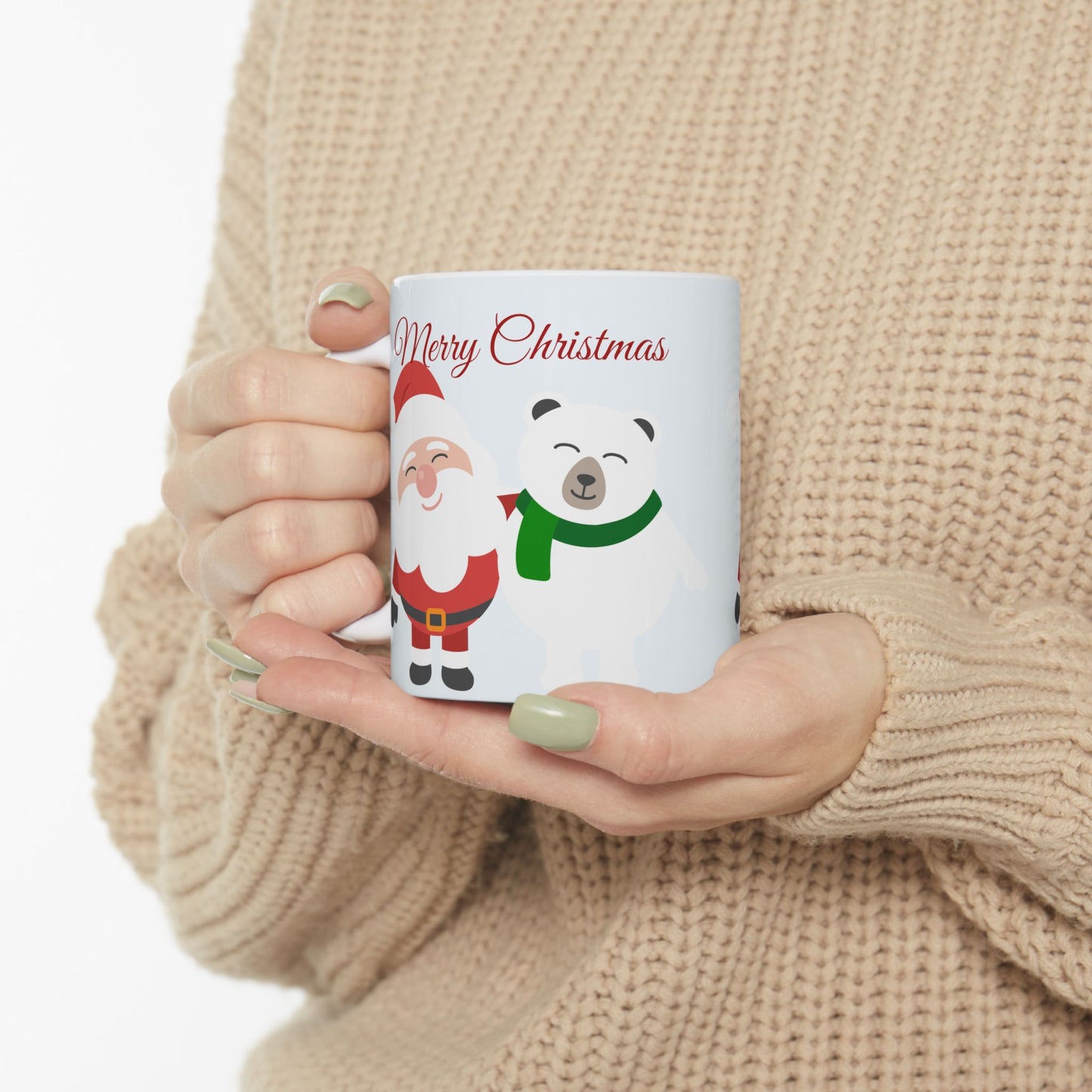 Christmas Santa & Polar Bear Ceramic Mug (11oz/15oz) — "Merry Christmas" Holiday Coffee Cup