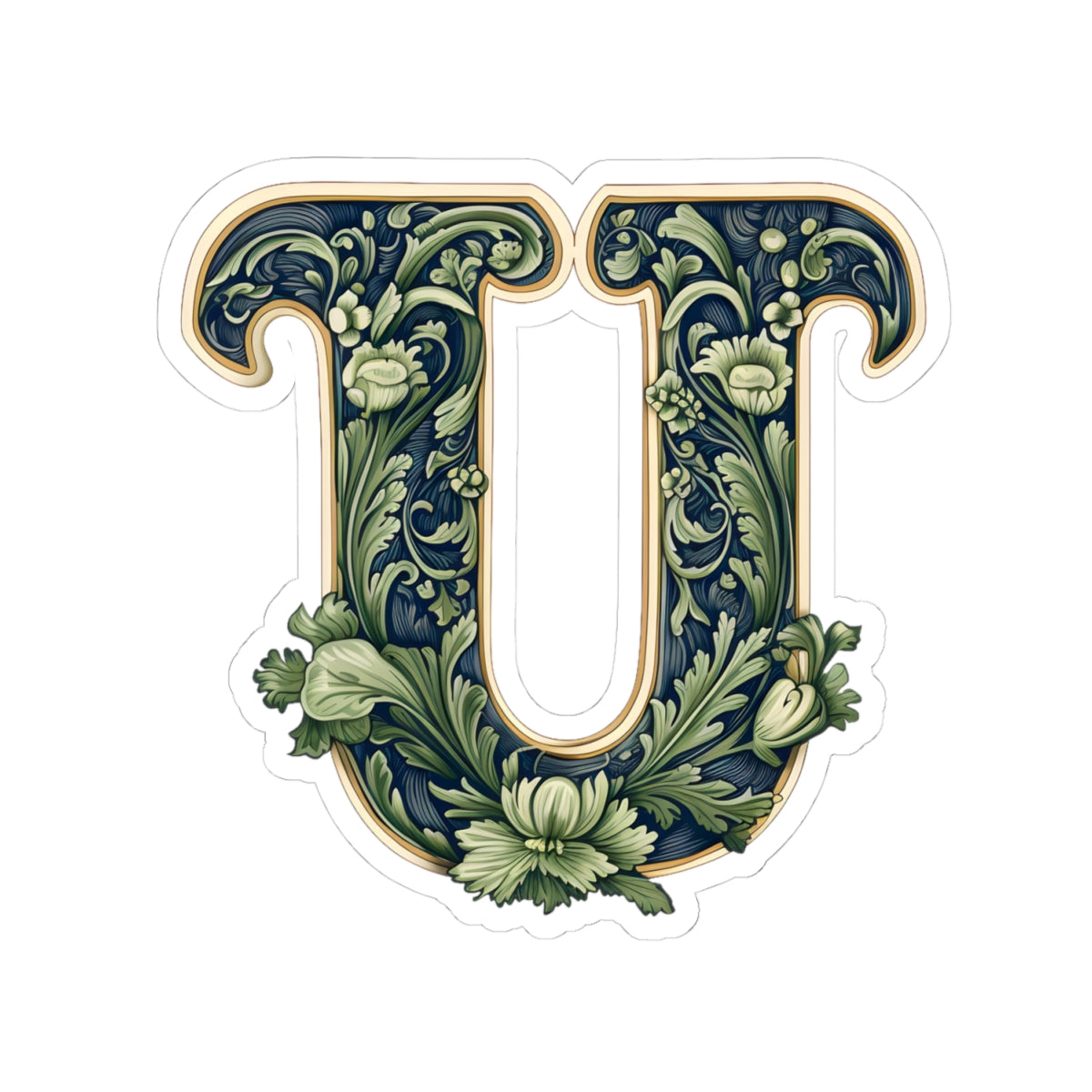 Floral Letter U Sticker — Vintage Botanical Monogram Kiss-Cut Decal