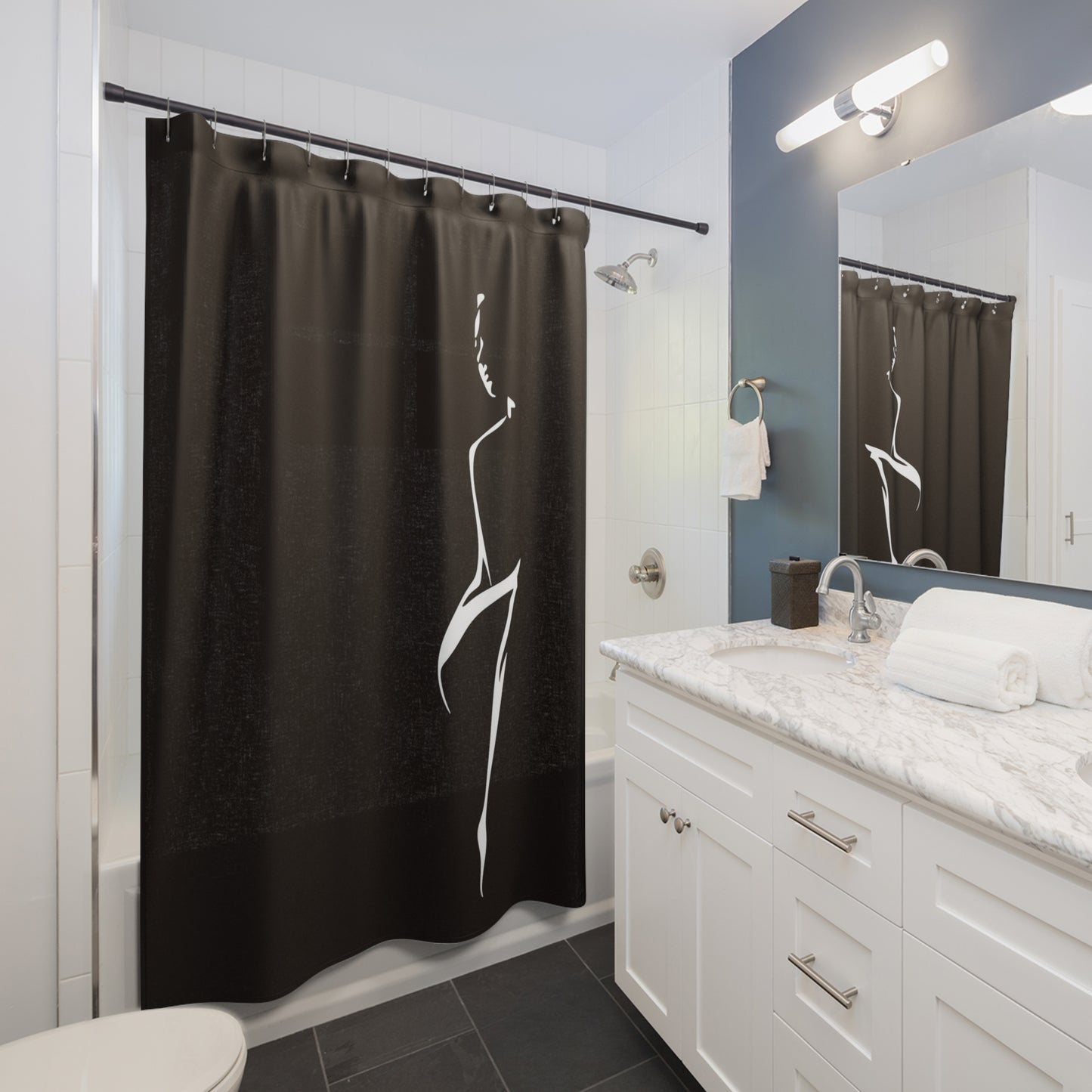 Minimalist Silhouette Shower Curtain — Elegant Black & White Bath Decor