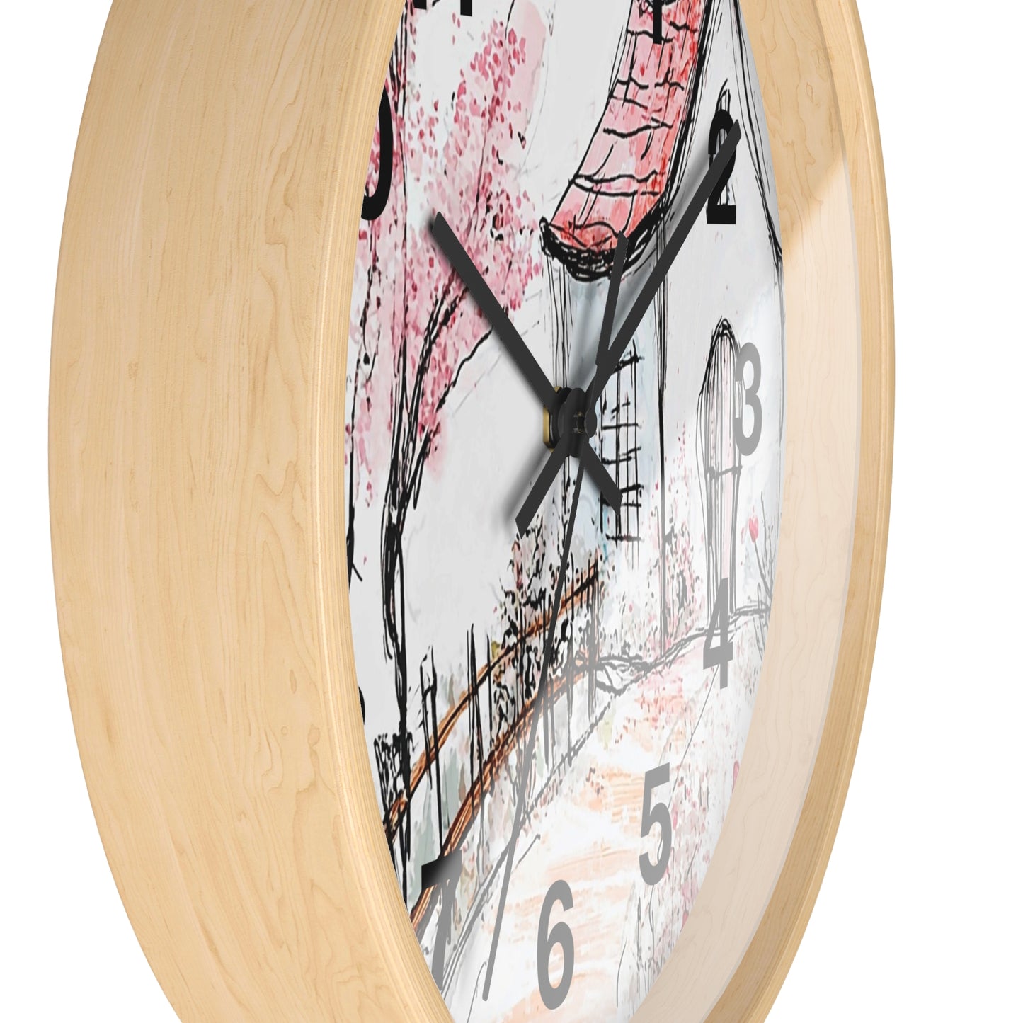 Cottage Garden Wall Clock — Hand-Drawn Pink Blossom Scene