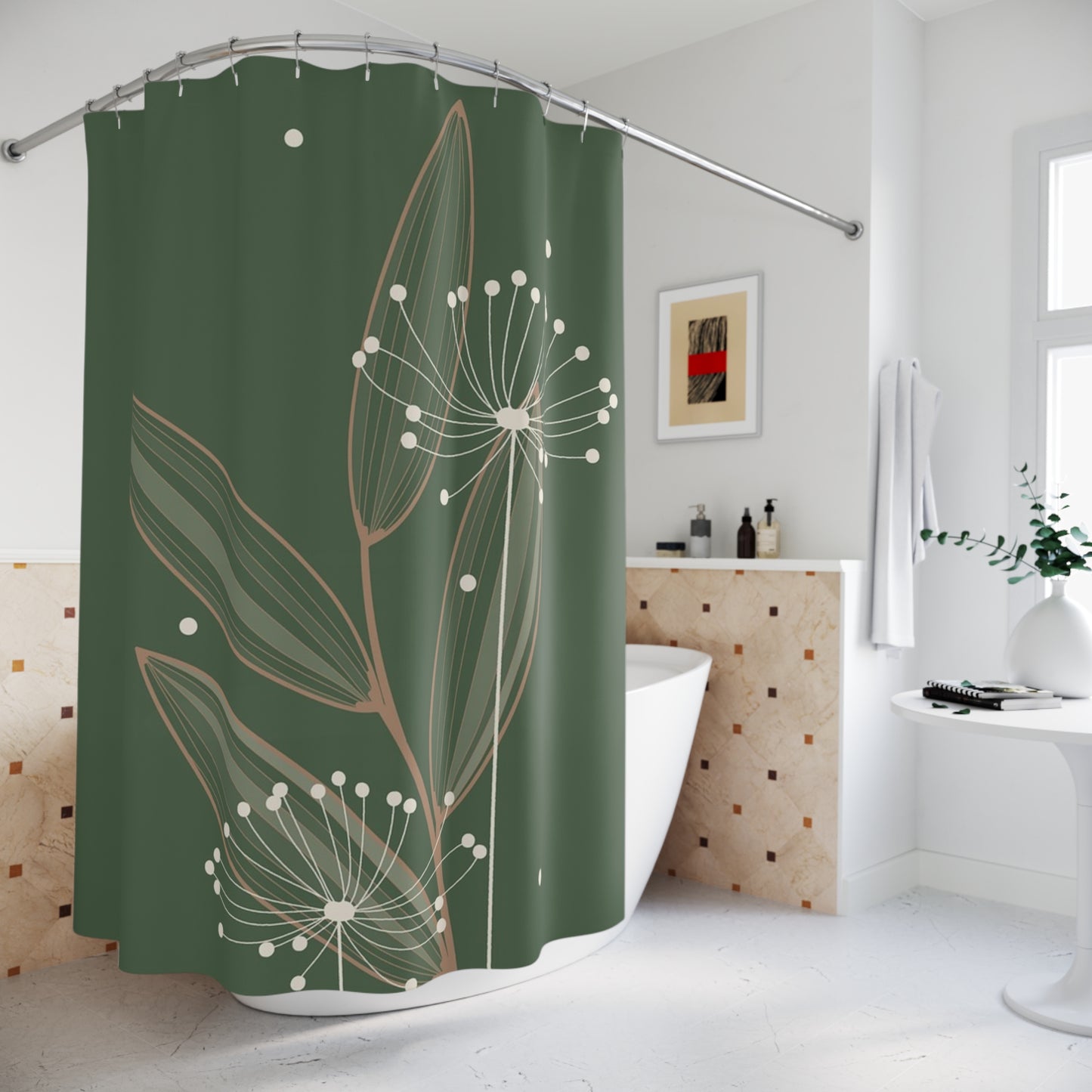 Botanical Dandelion Shower Curtain — Minimal Green Floral Bathroom Decor