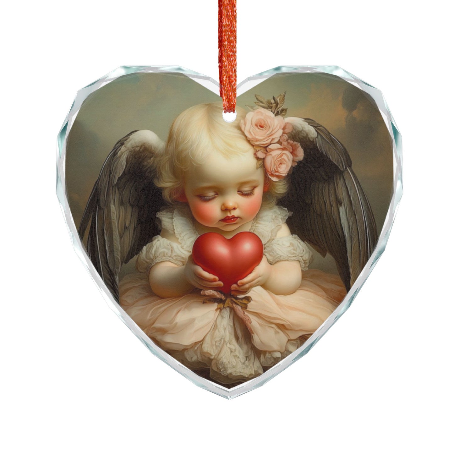Heart-Shaped Crystal Ornament, Cherubic Decor, Valentine's Gift, Home Decoration, Christmas Tree Ornament, Romantic Keepsake
