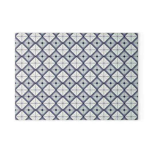 Geometric Slate Glass Cutting Board — Navy Diamond Tile Pattern