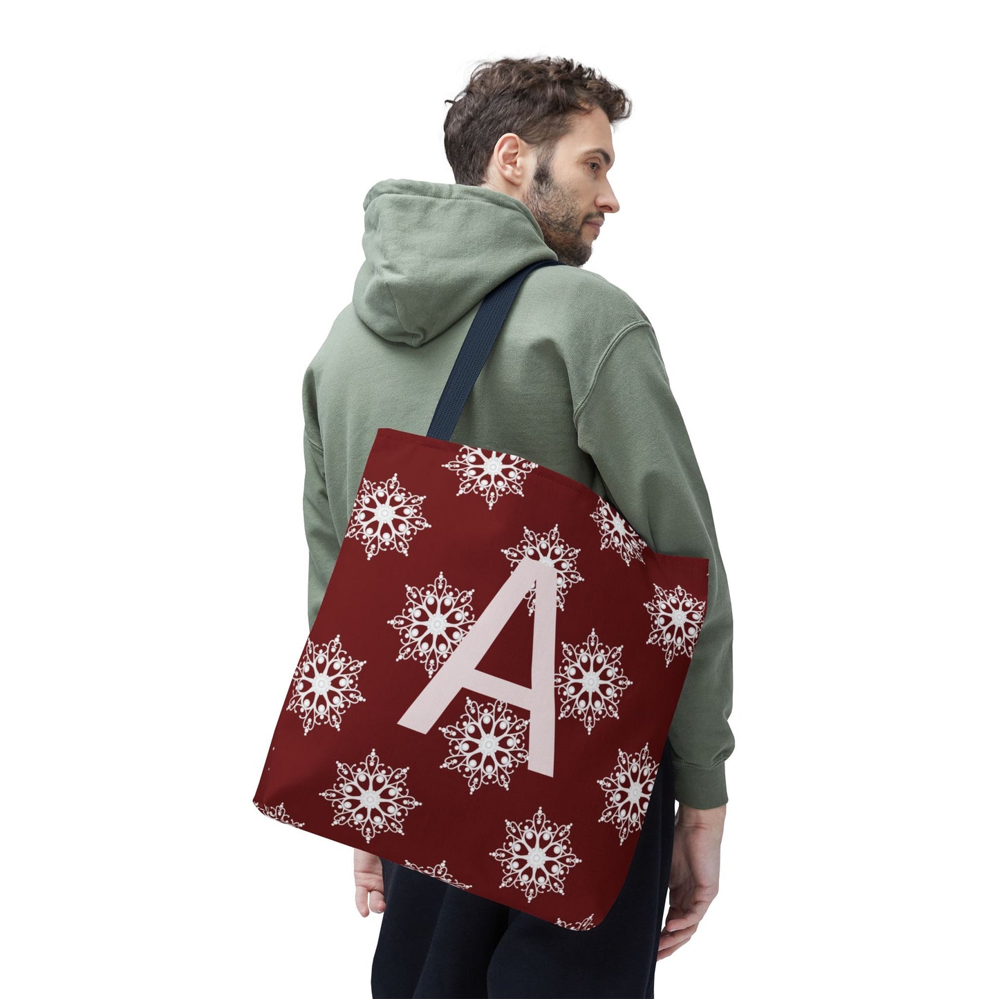 Monogram A Snowflake Tote Bag — Personalized Holiday AOP Tote