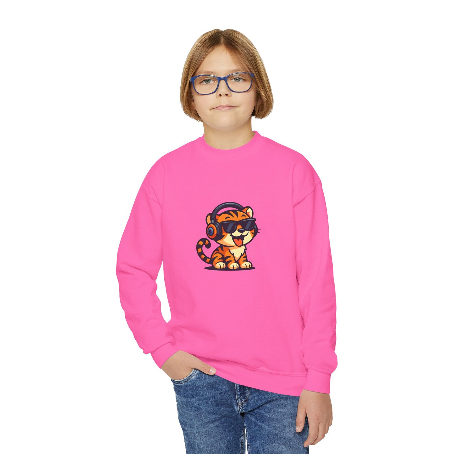 Cool Tiger Youth Crewneck Sweatshirt, Cute Animal Apparel, Teen Style, Gift for Kids, Casual Wear