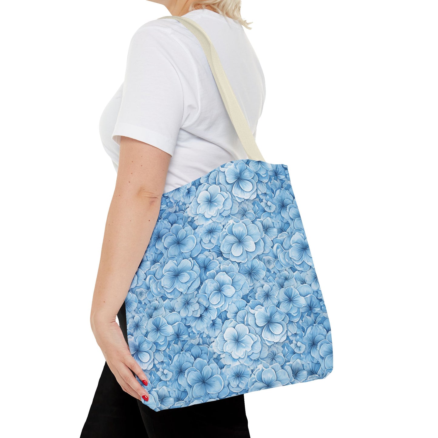 Blue Watercolor Floral Tote Bag — Reusable Flower Pattern Shopper