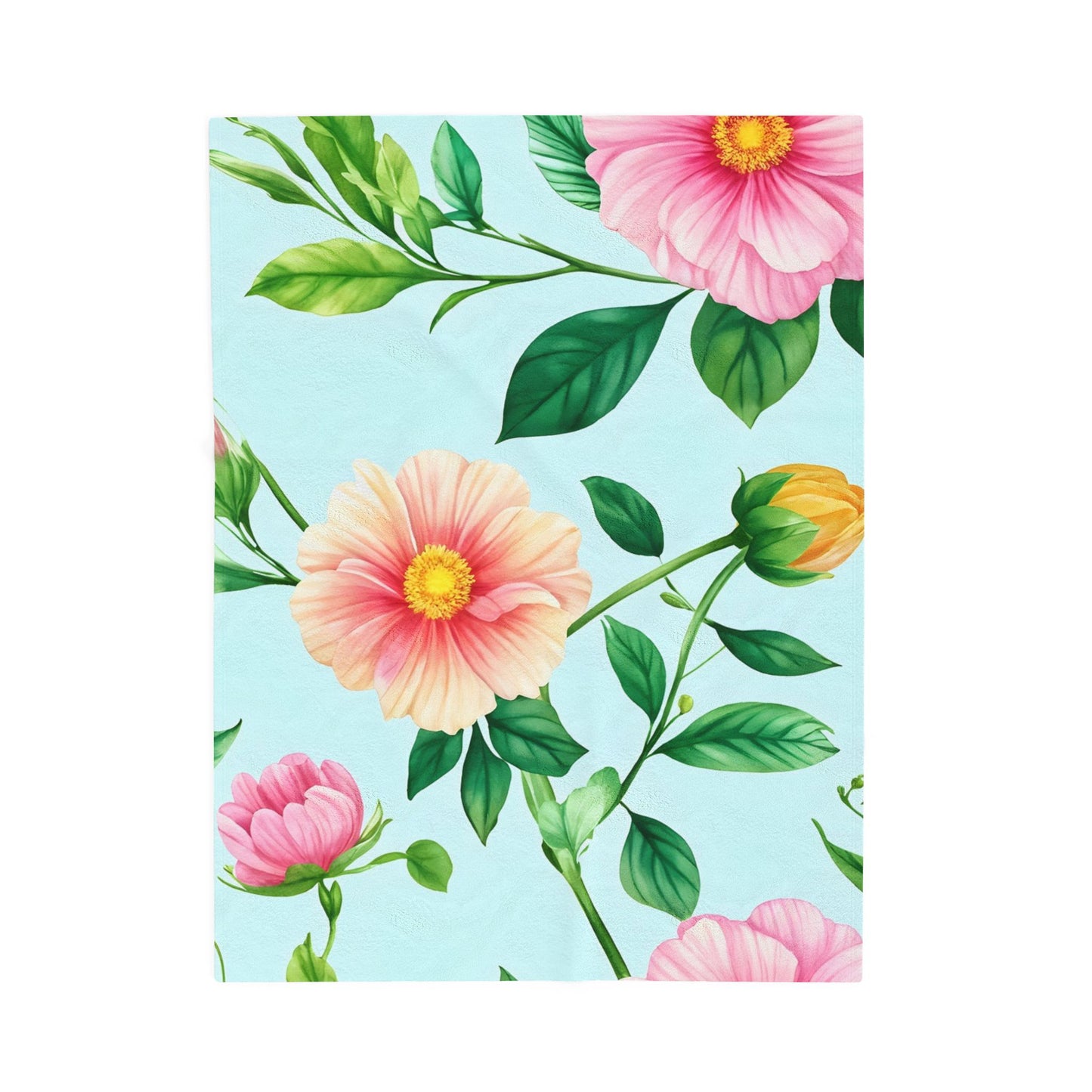 Floral Velveteen Plush Blanket — Pastel Pink & Mint Flower Throw