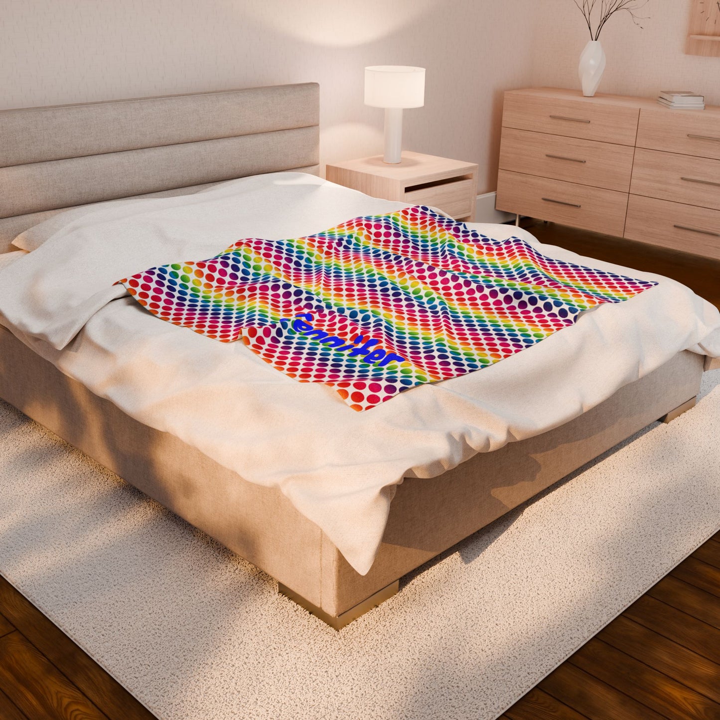 Personalized Velveteen Plush Blanket, Rainbow Polka Dot Throw, Cozy Home Decor, Gift for Kids, Custom Name Blanket, Soft Snuggle Blanket