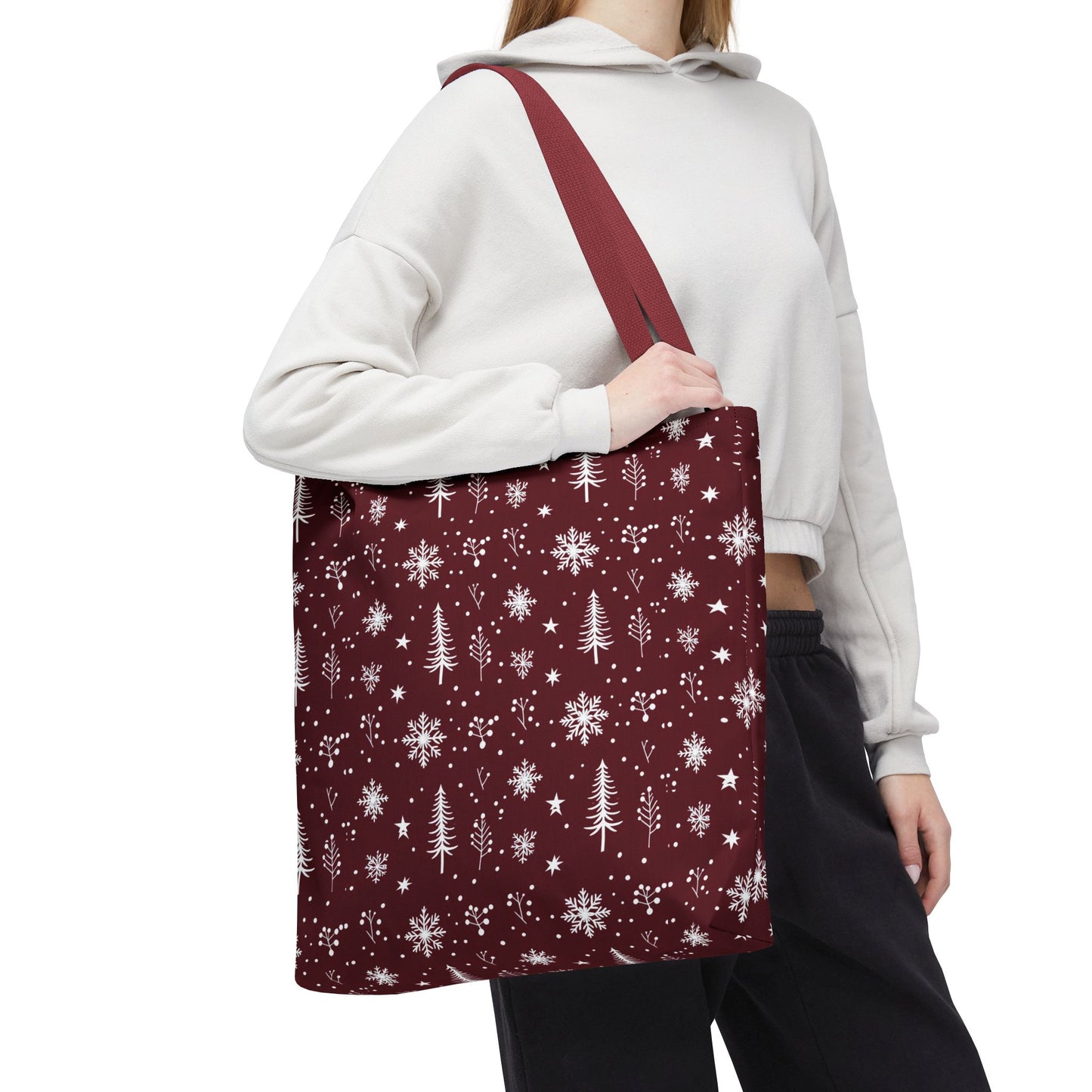 Christmas Snowflake Tote Bag – Burgundy Holiday Patterned Carryall