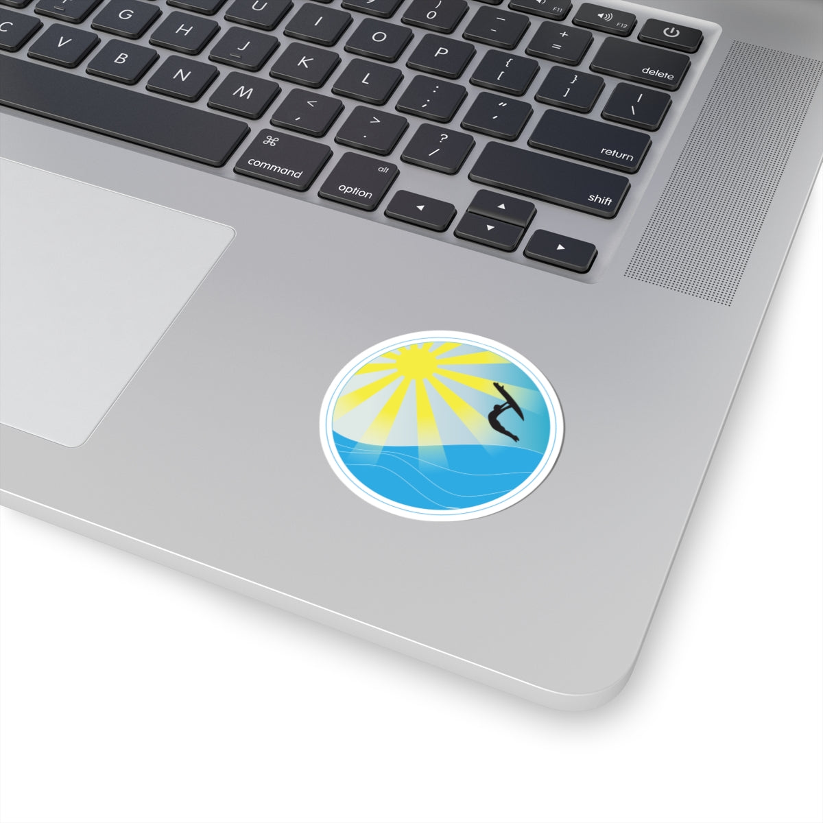 Surfer Sunset Kiss-Cut Sticker — Sun, Waves & Silhouette Vinyl Decal
