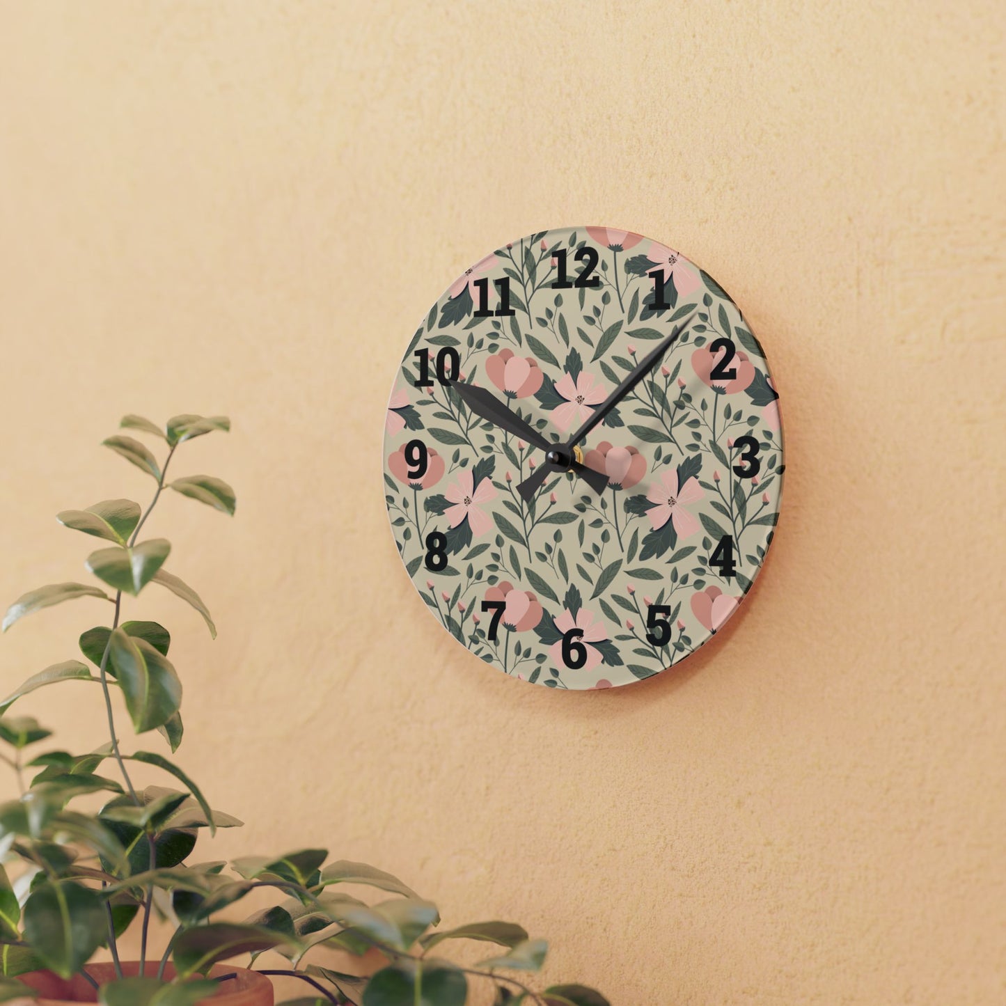 Floral Acrylic Wall Clock - Nature-Inspired Home Decor, Bohemian Wall Art