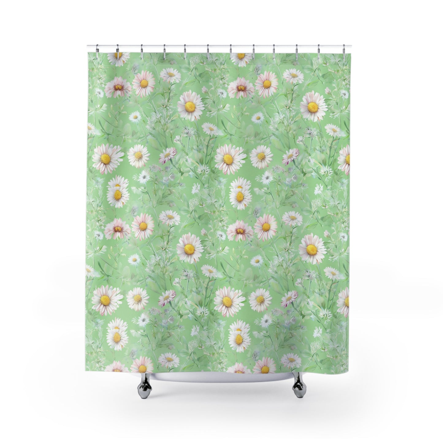 Daisy Meadow Shower Curtain — Pastel Green Floral Bath Curtain