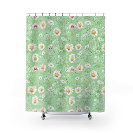 Daisy Meadow Shower Curtain — Pastel Green Floral Bath Curtain