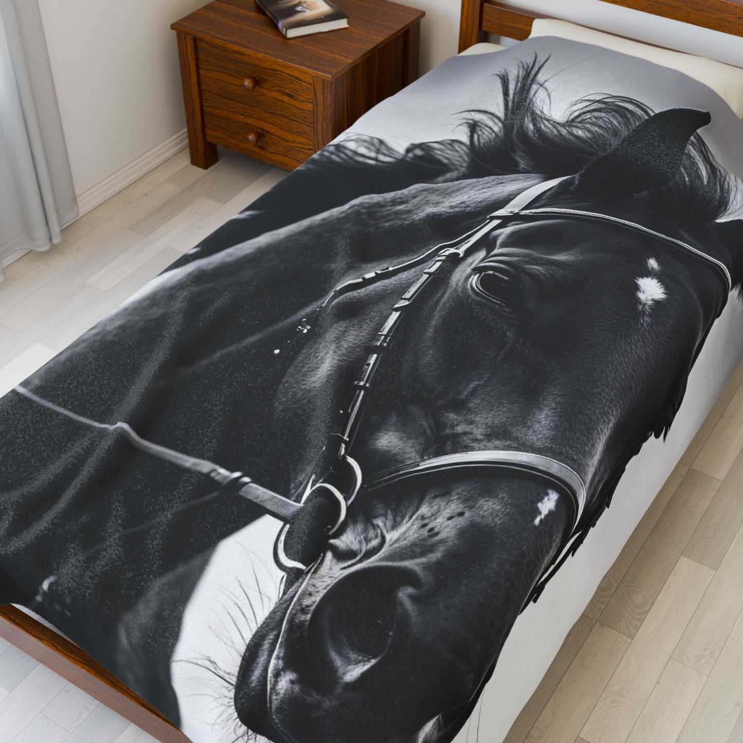 Black Stallion Velveteen Plush Blanket – Photoreal Horse Throw for Equestrian Fans