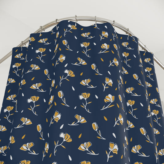 Navy Floral Shower Curtain - Elegant Bathroom Decor, Floral Home Accent, Gift for Housewarming, Modern Bathroom, Navy Blue Curtain