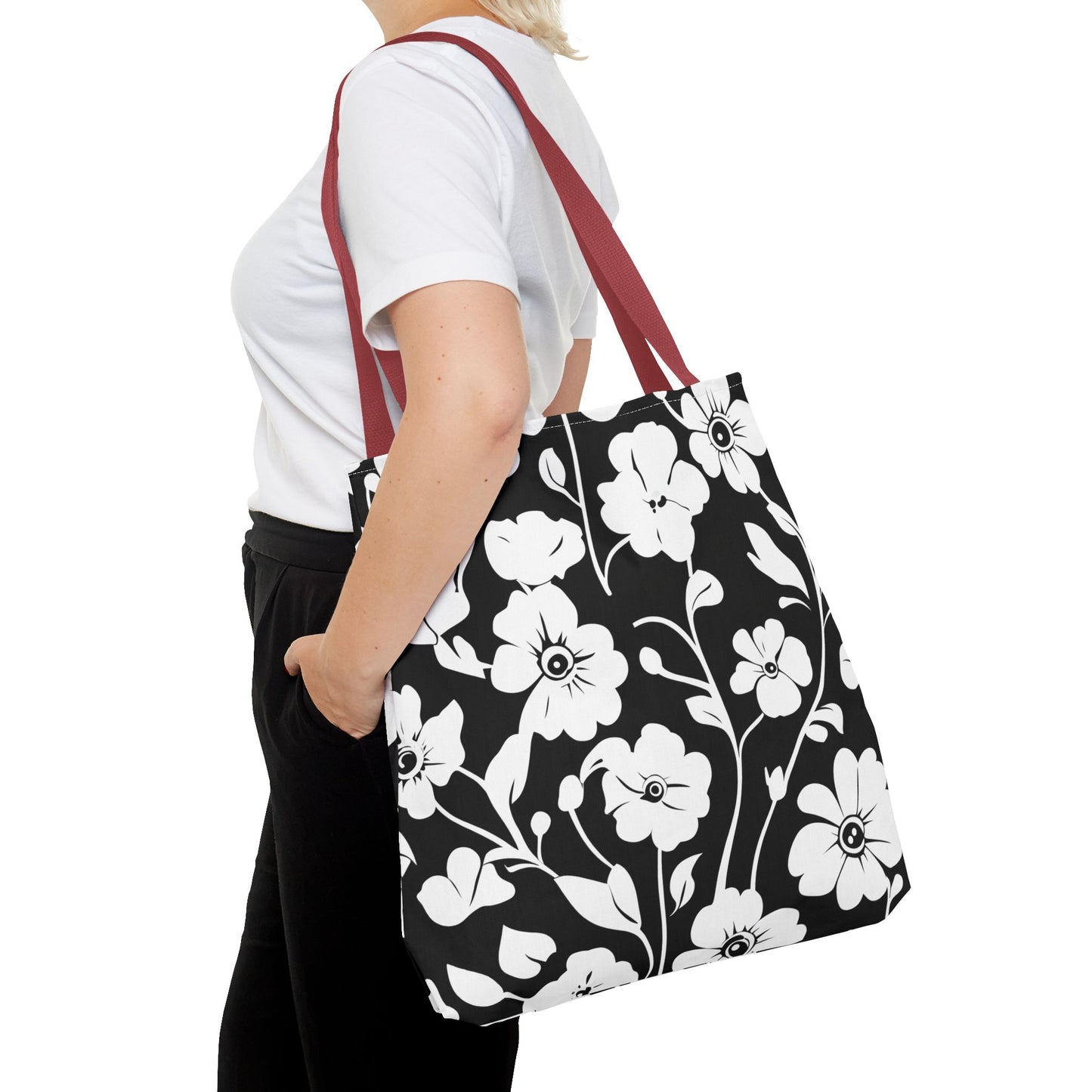 Elegant Floral Tote Bag, Black and White Tote, Eco-Friendly Shopping Bag