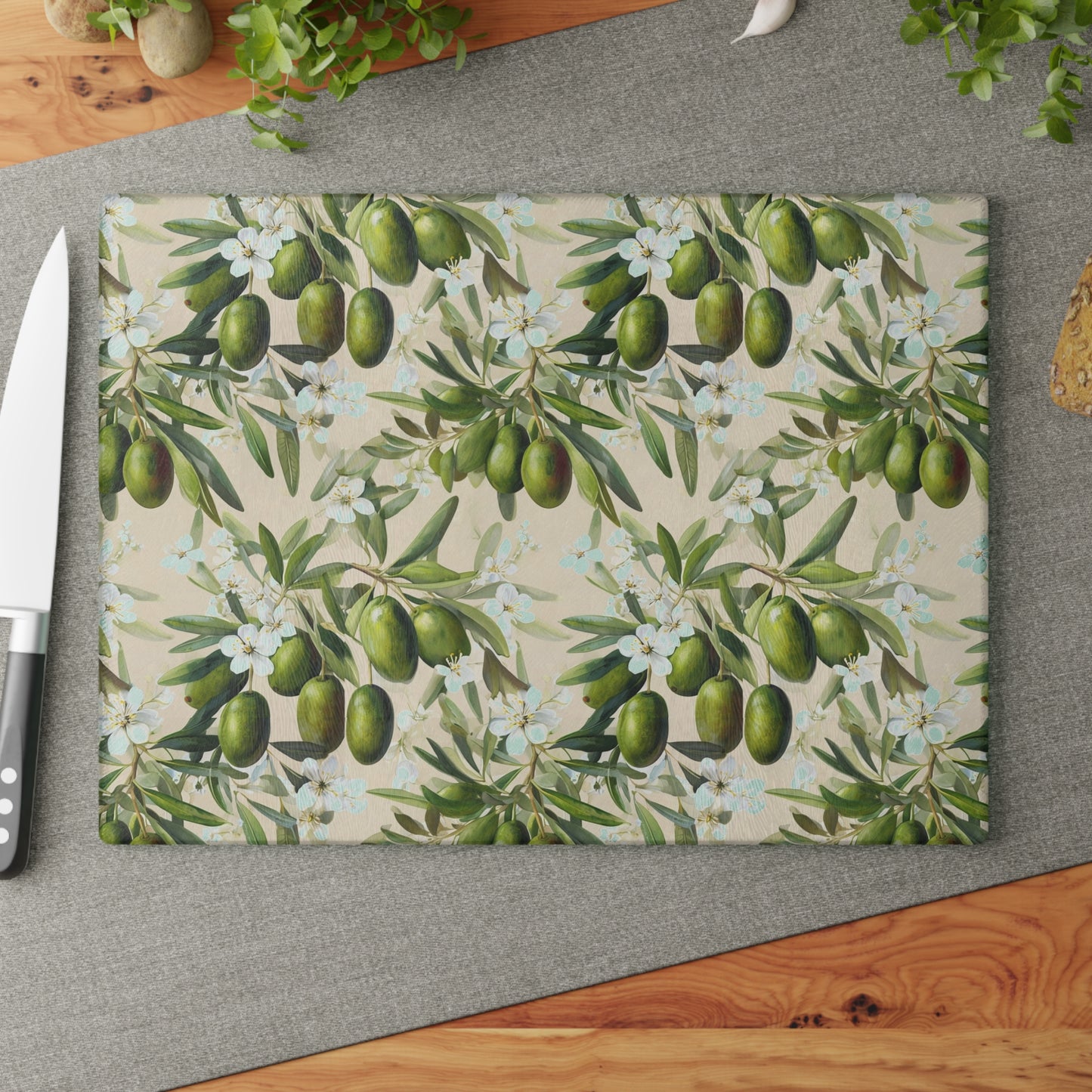 Olive Branch Glass Cutting Board — Mediterranean Kitchen Decor