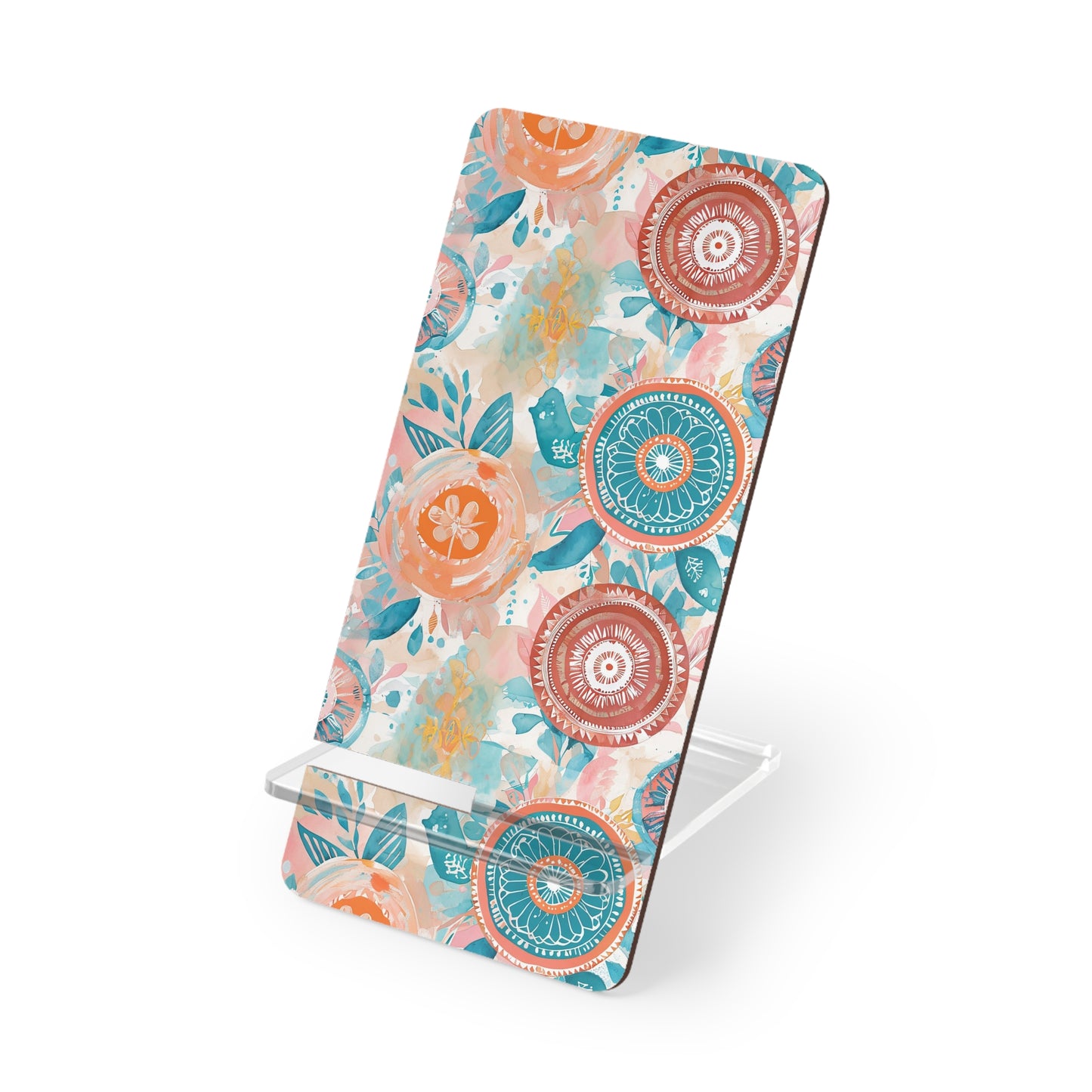 Floral Boho Phone Stand — Compact Mobile Display Stand with Teal & Coral Mandala Design