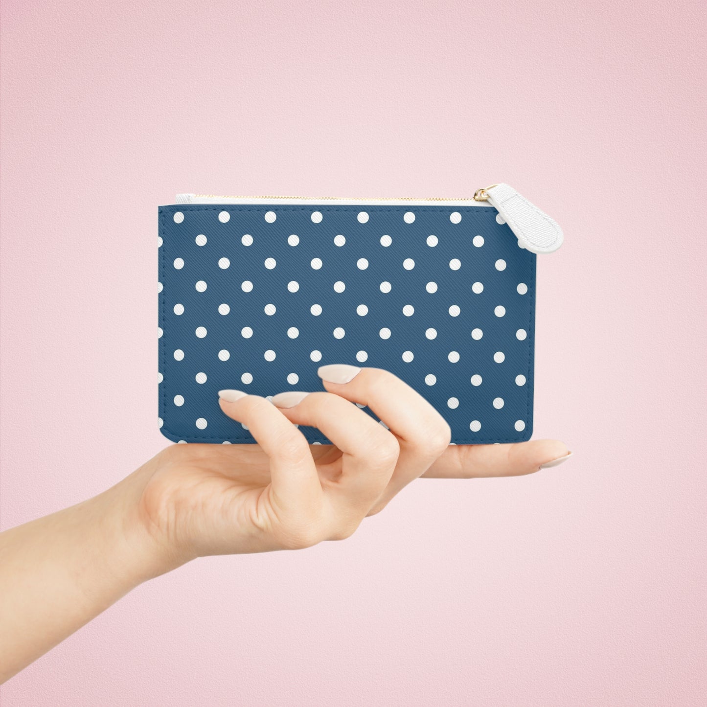 Polka Dot Mini Clutch Bag — Navy Blue White Dot Zip Pouch