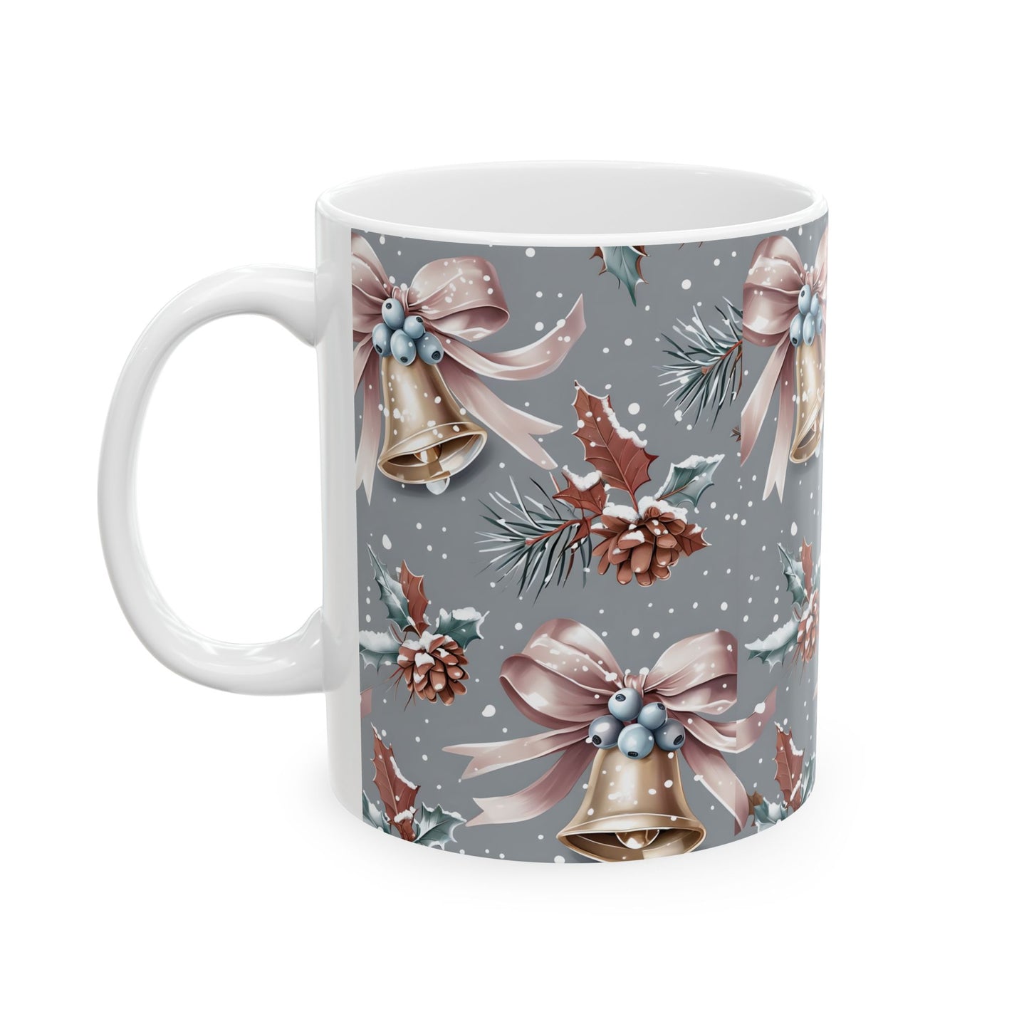 Festive Holiday Ceramic Mug, Christmas Gift, Winter Decor, Bell Design, Cozy Coffee Cup, Seasonal Beverage Container