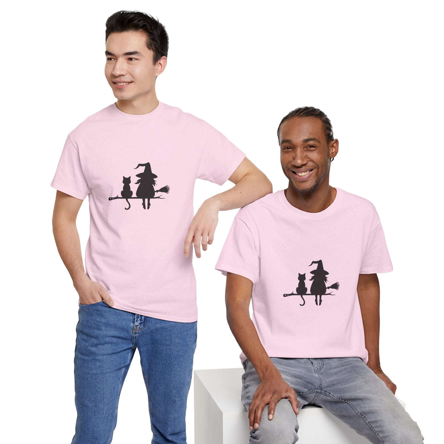 Witch and Cat Tee | Spooky Unisex Shirt for Halloween | Cute Witchwear for Cat Lovers | Fall Wardrobe Essential | Gift for Magical Friends
