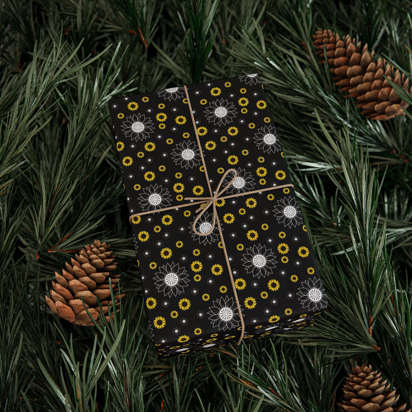 Sunflower Doodles Wrapping Paper Roll — Black & Yellow Floral Gift Wrap