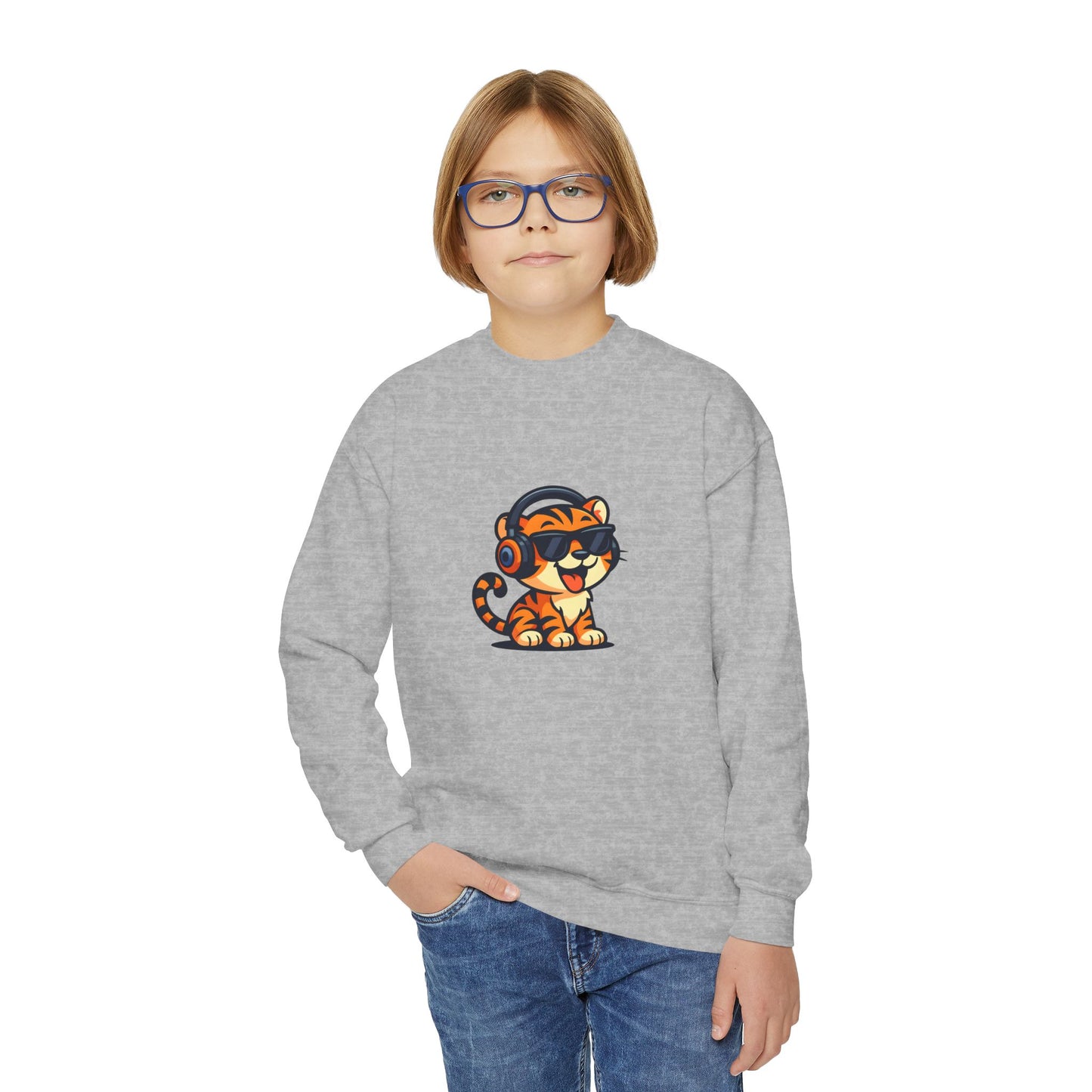 Cool Tiger Youth Crewneck Sweatshirt, Cute Animal Apparel, Teen Style, Gift for Kids, Casual Wear