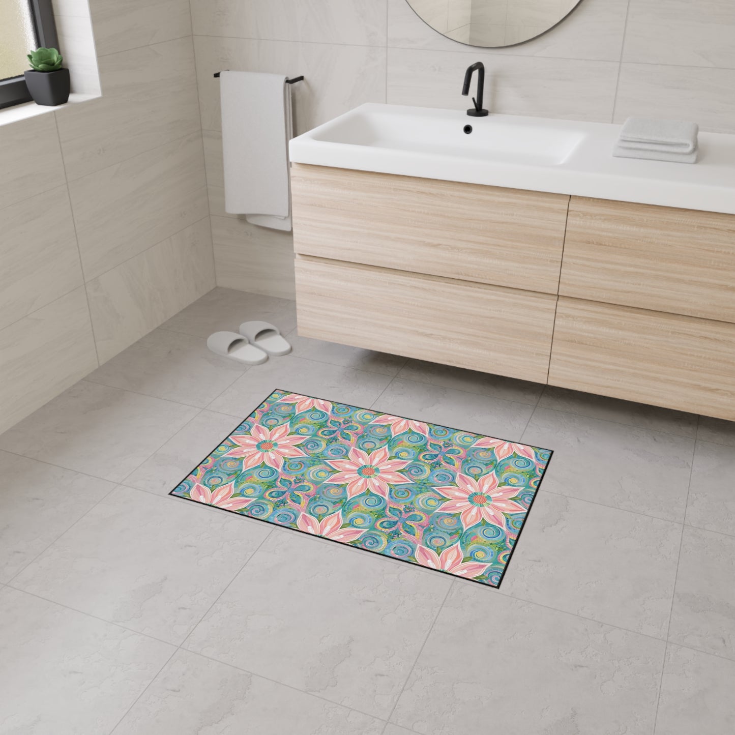 Floral Kaleidoscope Heavy-Duty Floor Mat — Pink Petal Outdoor/Entry Rug