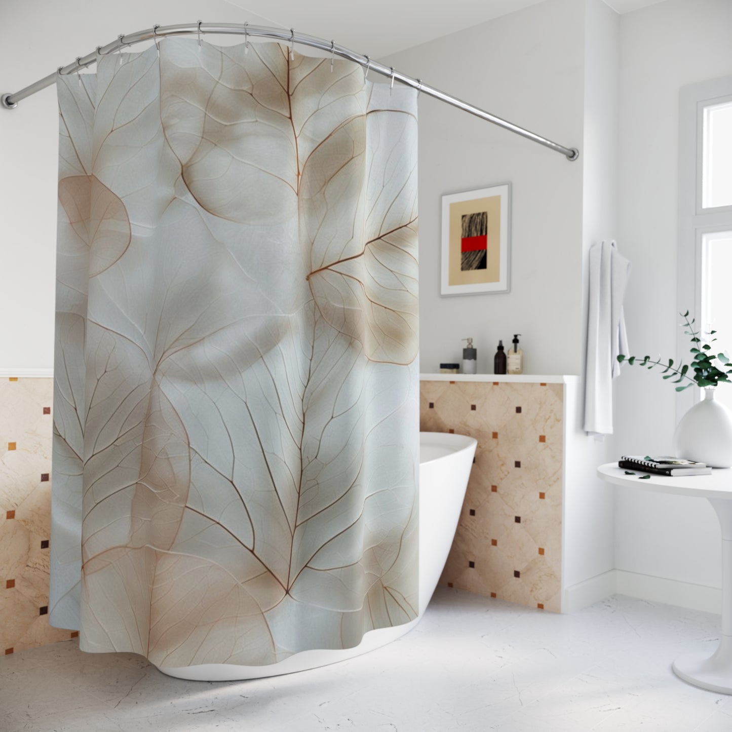 Ethereal Leaf Shower Curtain — Soft Neutral Botanical Bathroom Decor