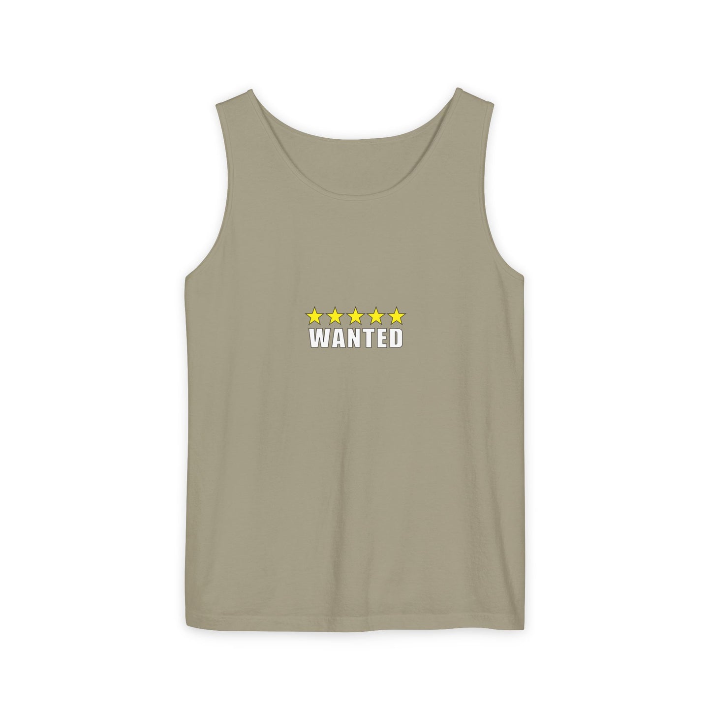 5-Star "WANTED" Garment-Dyed Tank Top, Unisex Summer Shirt, Gift for Him/Her, Trendy Casual Wear, Pool Party Outfit, Unique Graphic Tee