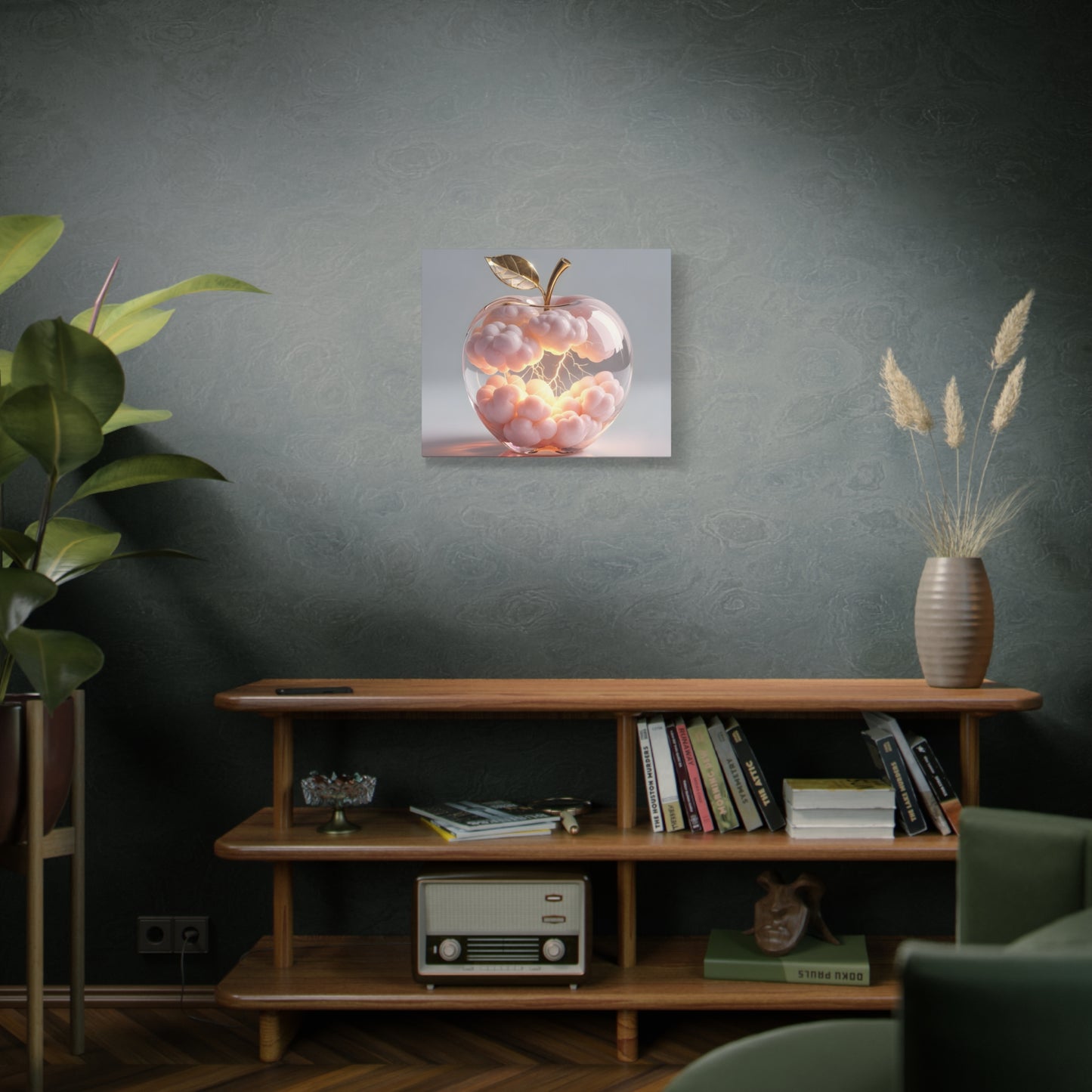 Surreal Glass Apple Canvas – Lightning & Pink Clouds Wall Art