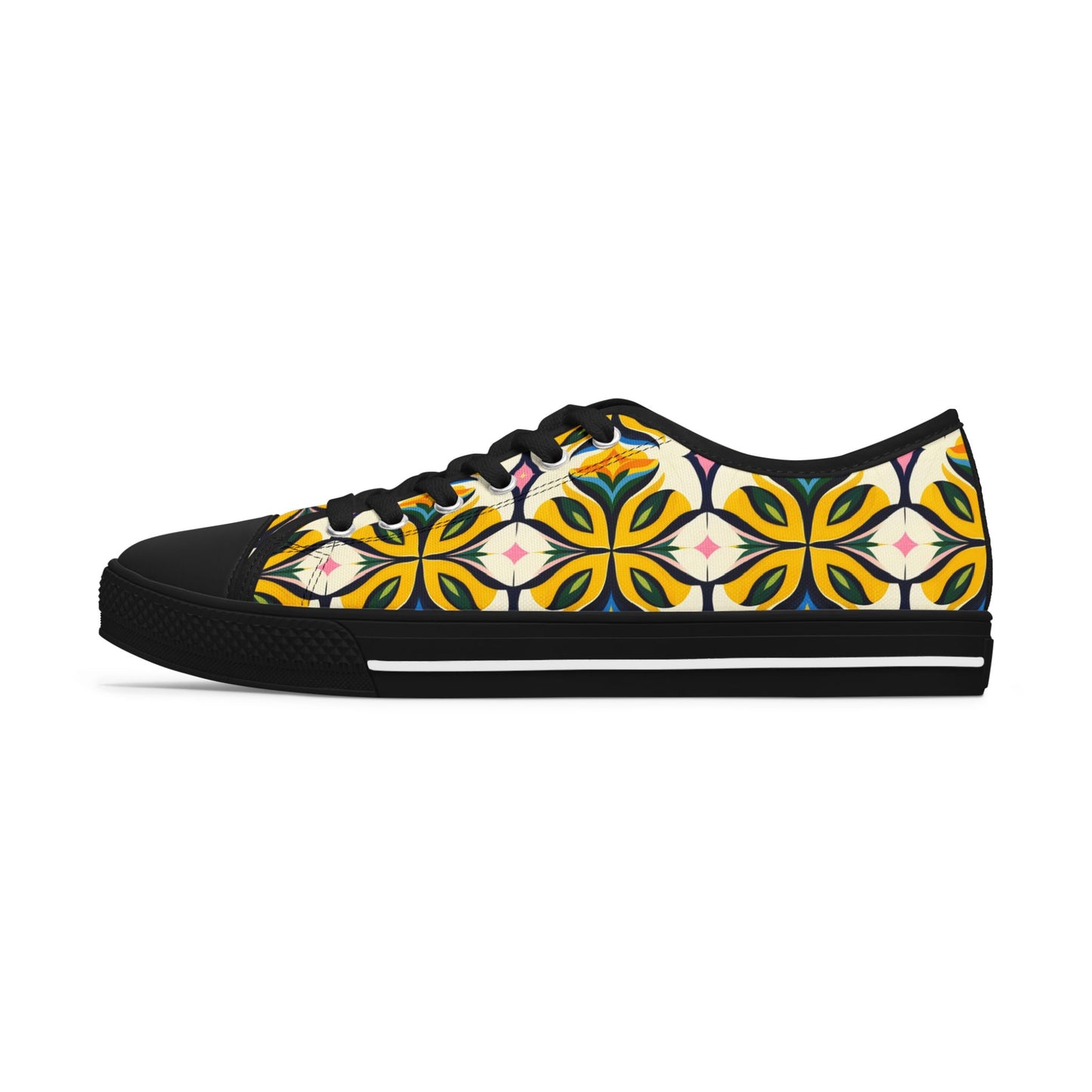 Floral Geometric Low Top Sneakers — Yellow Retro Tile Pattern