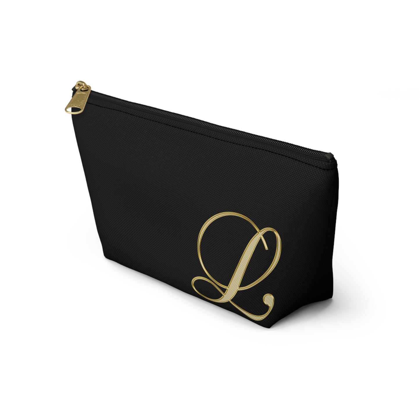Monogram L Accessory Pouch — Black & Gold T‑Bottom Makeup Bag