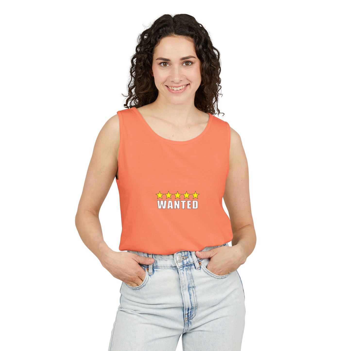 5-Star "WANTED" Garment-Dyed Tank Top, Unisex Summer Shirt, Gift for Him/Her, Trendy Casual Wear, Pool Party Outfit, Unique Graphic Tee