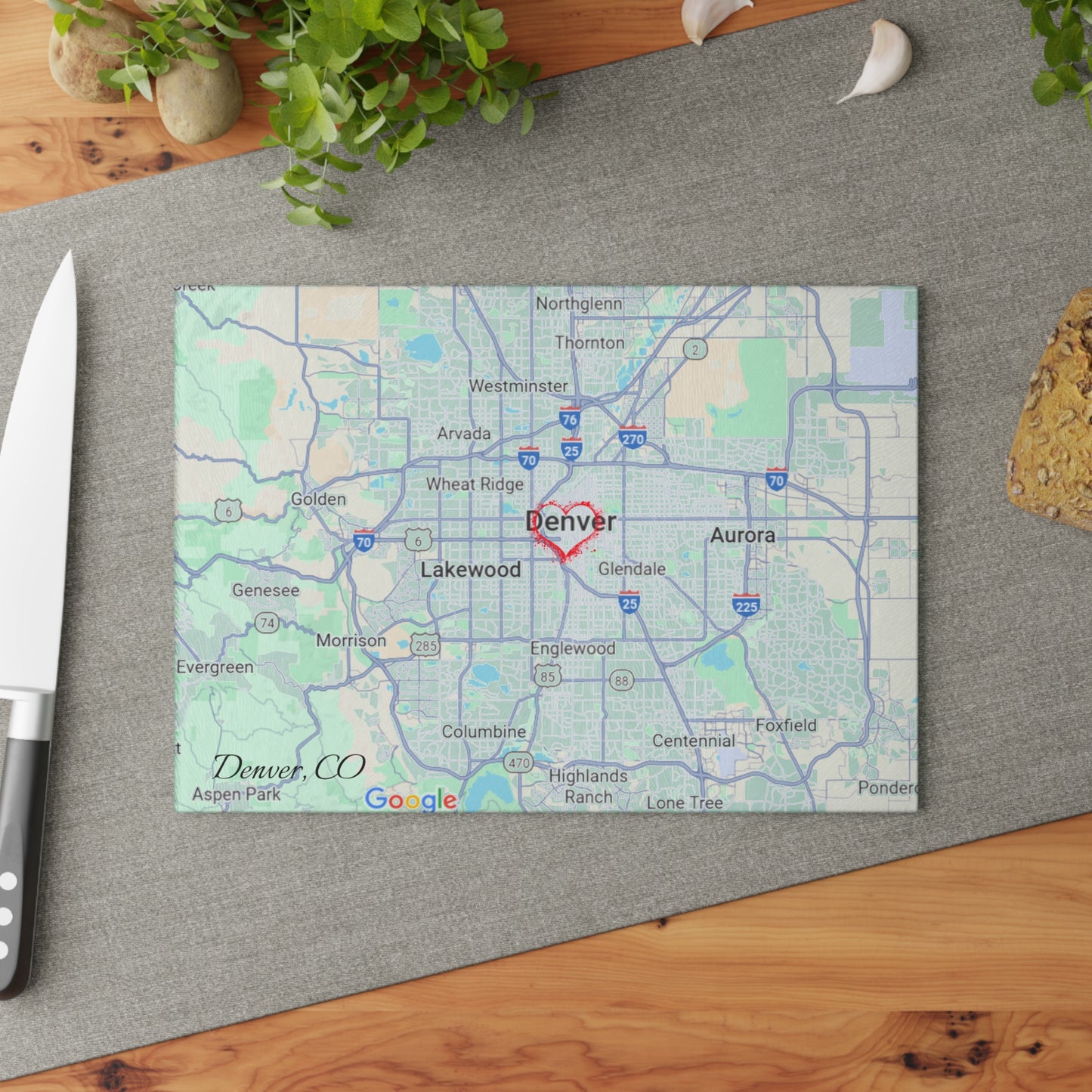 Personalized Denver Map Glass Cutting Board, Kitchen Decor, Housewarming Gift, Wedding Gift, Unique Gift for Chefs, Culinary Lover