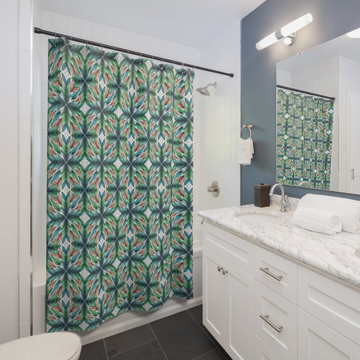 Botanical Kaleidoscope Shower Curtain — Green Leaf Geometric Bathroom Decor