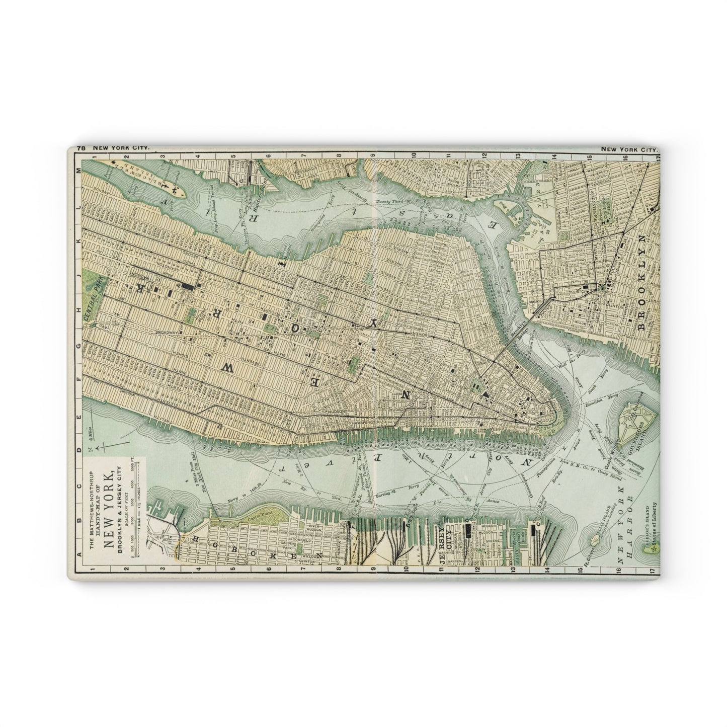 Vintage Map Glass Cutting Board — Antique New York City Map Kitchen Board