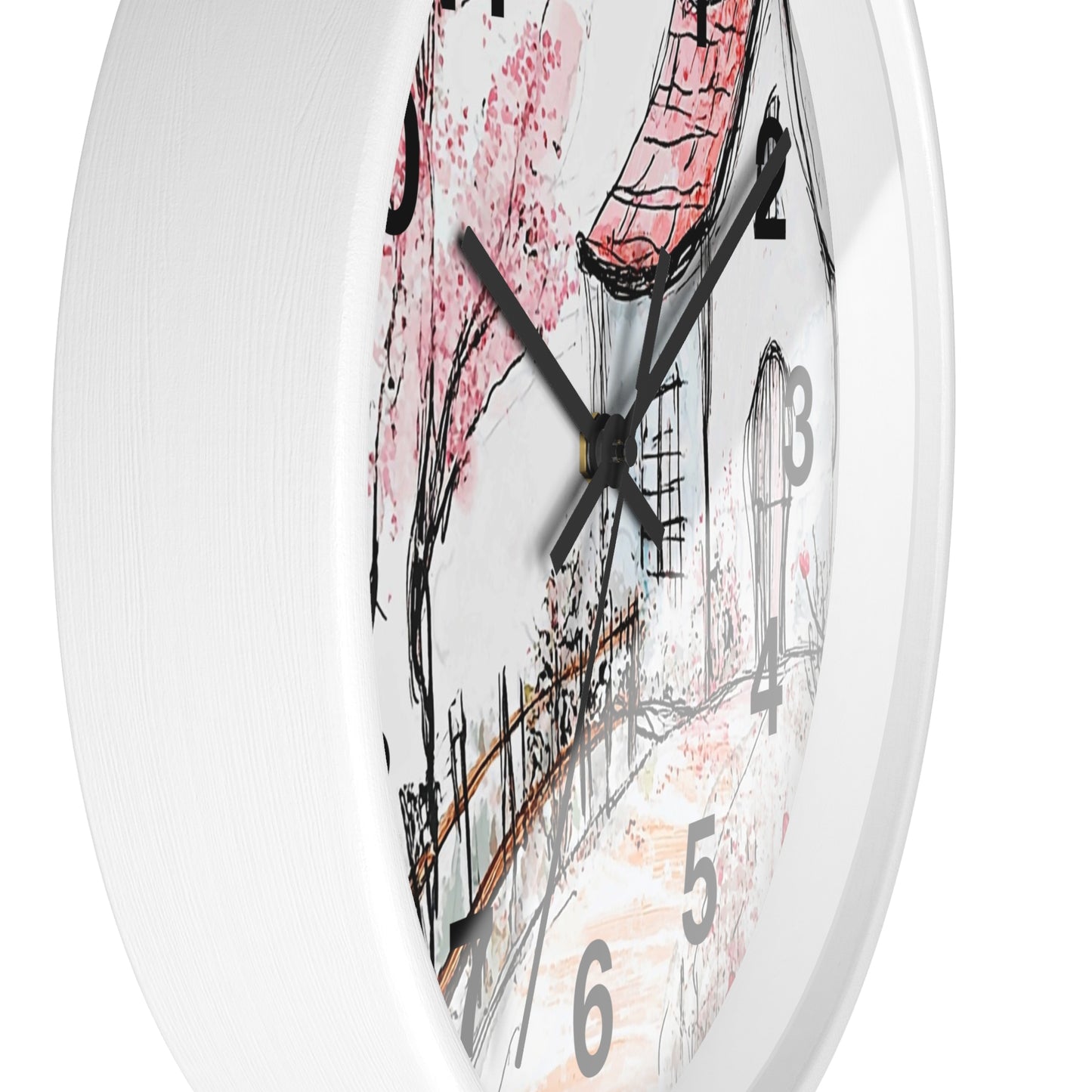 Cottage Garden Wall Clock — Hand-Drawn Pink Blossom Scene