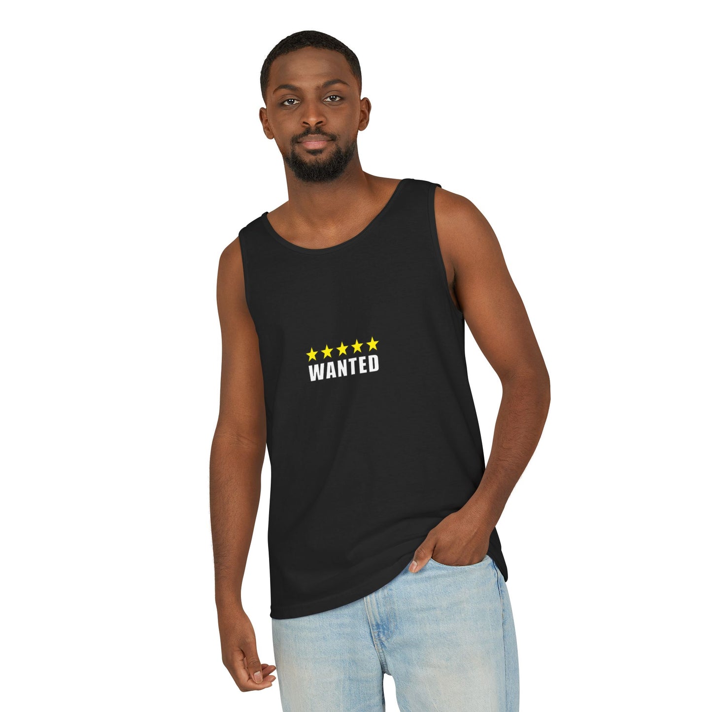 5-Star "WANTED" Garment-Dyed Tank Top, Unisex Summer Shirt, Gift for Him/Her, Trendy Casual Wear, Pool Party Outfit, Unique Graphic Tee