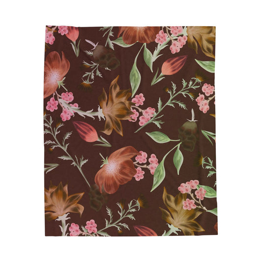 Floral Skull Velveteen Blanket, Cozy Throw, Living Room Decor, Gift for Her, Soft Bedding, Boho Home Accent