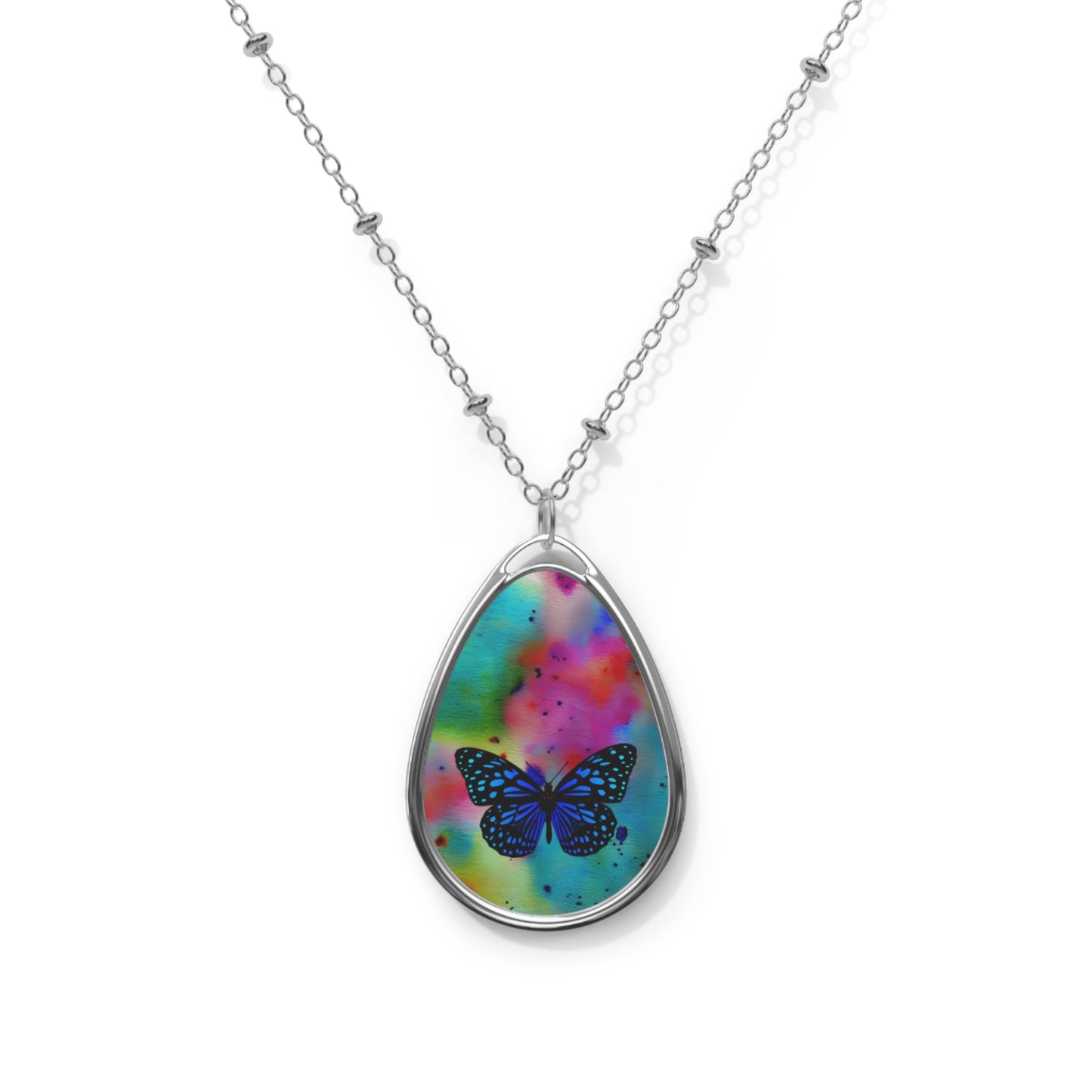 Colorful Butterfly Oval Necklace, Bohemian Jewelry, Gifts for Her, Nature-Inspired Pendant, Statement Accessory