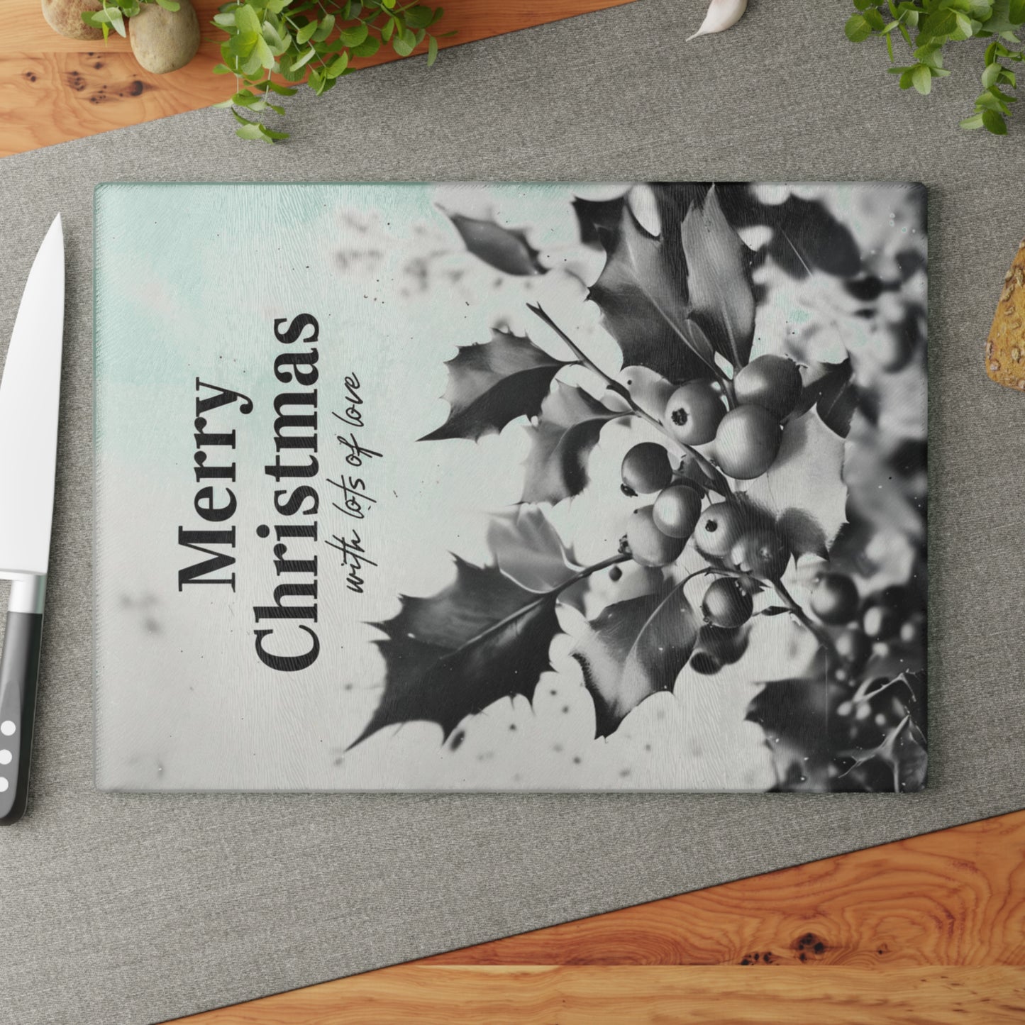 Merry Christmas Glass Cutting Board – Holly Berries Holiday Kitchen Decor