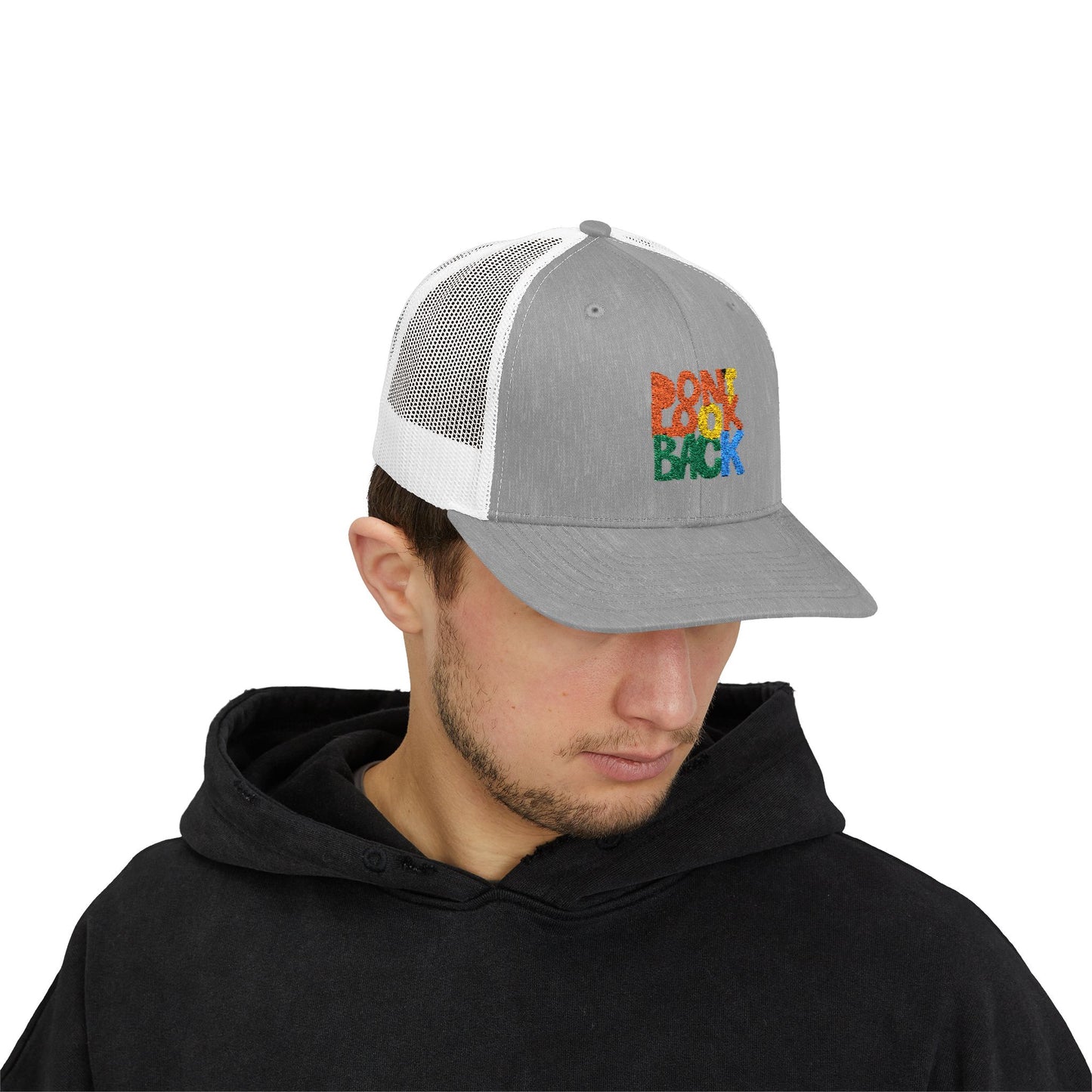Don’t Look Back Snapback Trucker Cap — Retro Rainbow Embroidered Hat